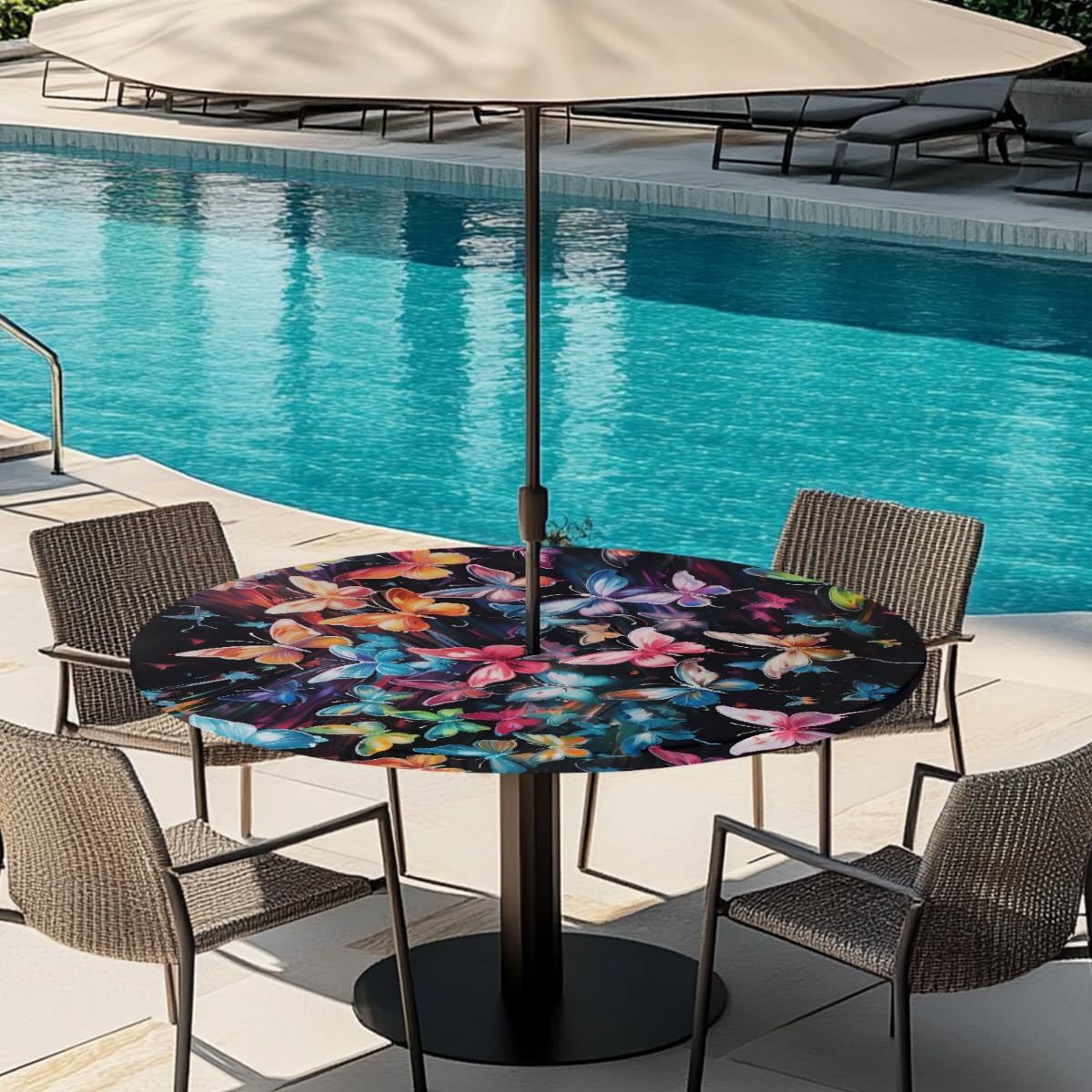 Butterfly Rainbow Animal Round Outdoor Table Cloth with Umbrella Hole Butterfly Art Outdoor Round Fitted Tablecloth with Elastic Edge Waterproof Circle Table Cover for Patio Garden Picnic (36-44 in)