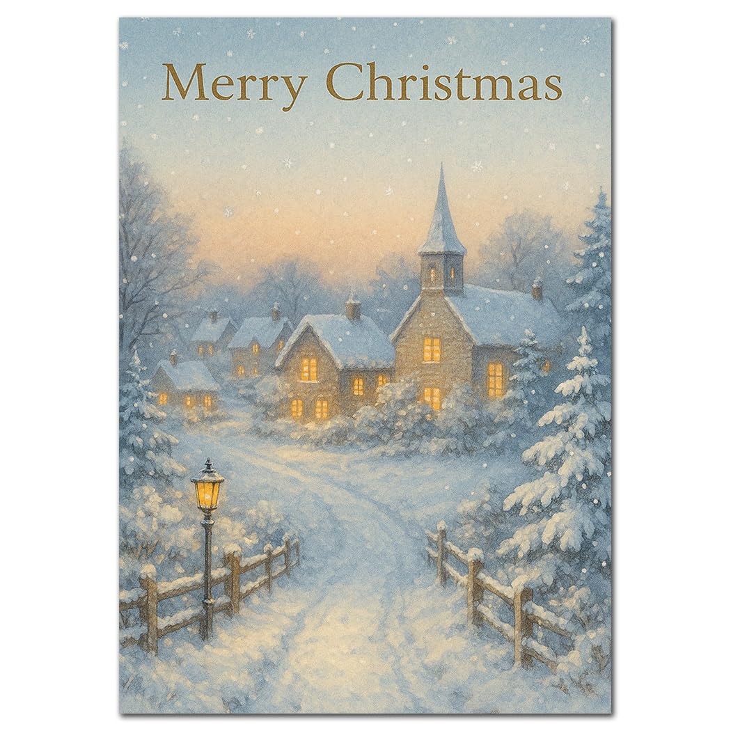 Christmas Card Extra Large A4 – Big Scenic Winter Village Church Scene – XL Luxury Traditional Festive Card – Snowy Cottage & Cosy Lights – Special Large Xmas Greeting – UK Made Eco-Friendly