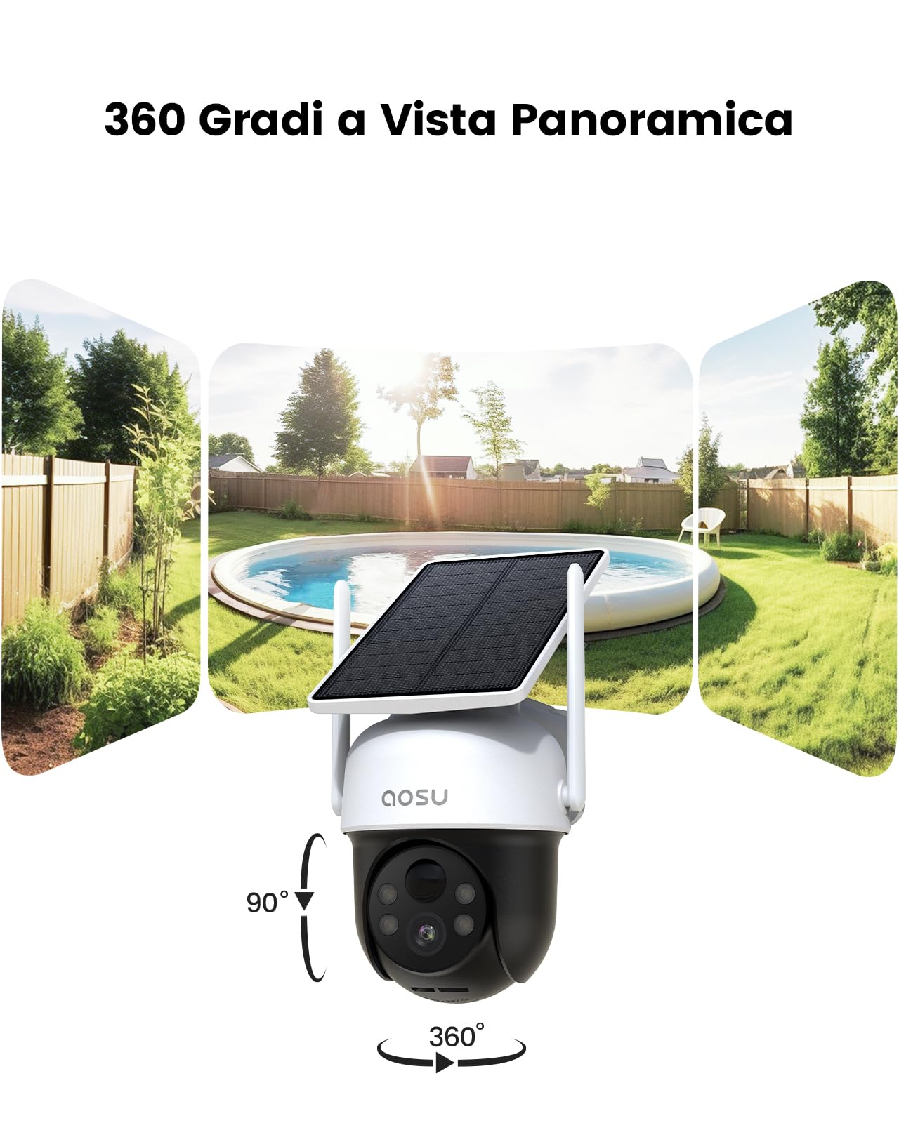 aosu 2K Telecamera con Pannello Solare 360°PTZ, Rilevamento del Movimento | 3MP Telecamera WiFi Esterno,Visione Notturna a Colori,Audio Bidirezionale e Grado di Protezione IP65