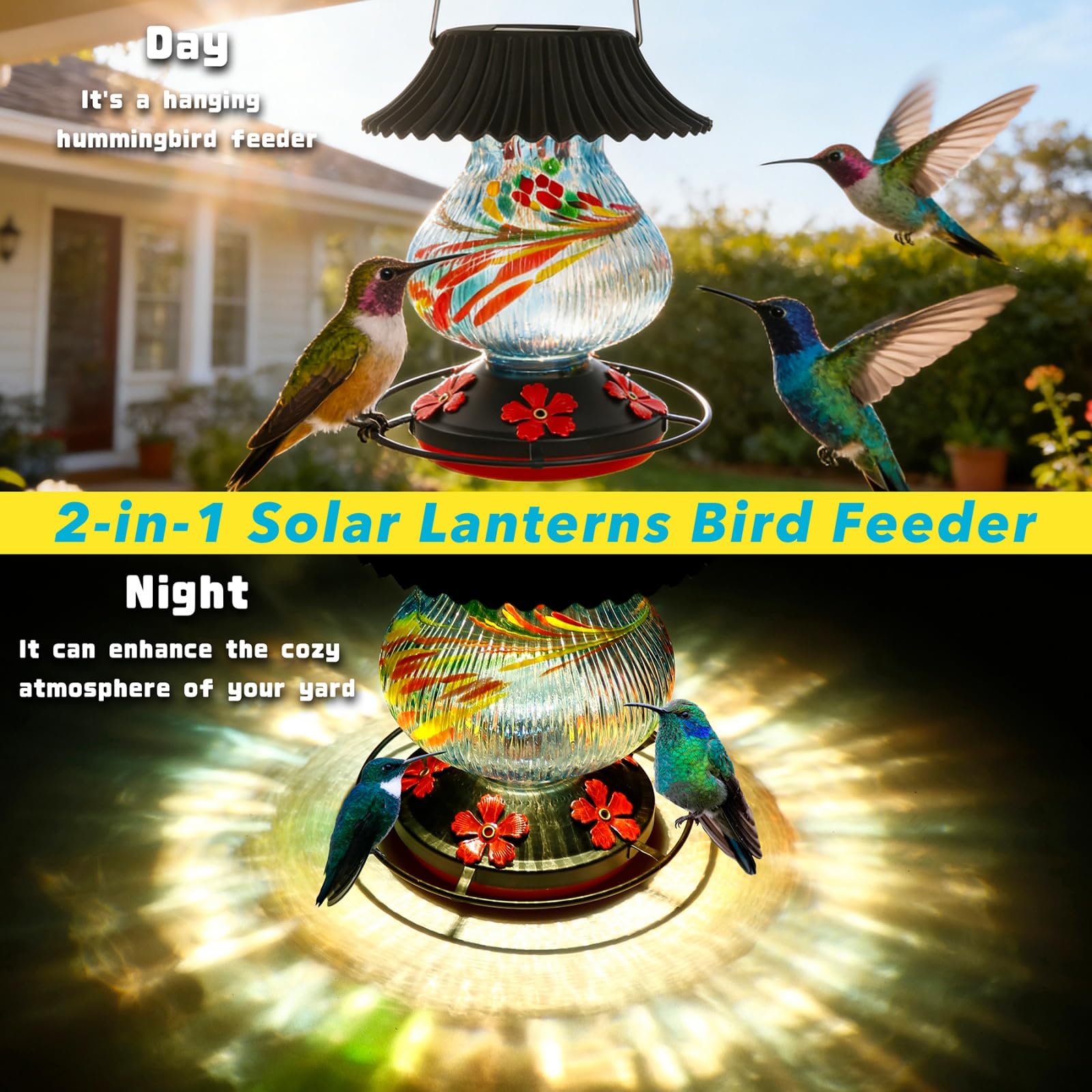 Solar-Kolibri-Futterspender aus Glas für den Außenbereich, 5 Futteröffnungen mit Sitzstange, auslaufsicher, perfekter mundgeblasener Glasfarbwechsel zum Aufhängen im Freien, Blau