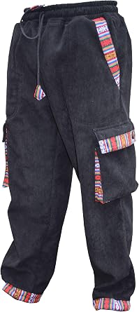 Mens Corduroy Contrast Border Fleece Lined Winter Outdoor Boho Cargo Pants