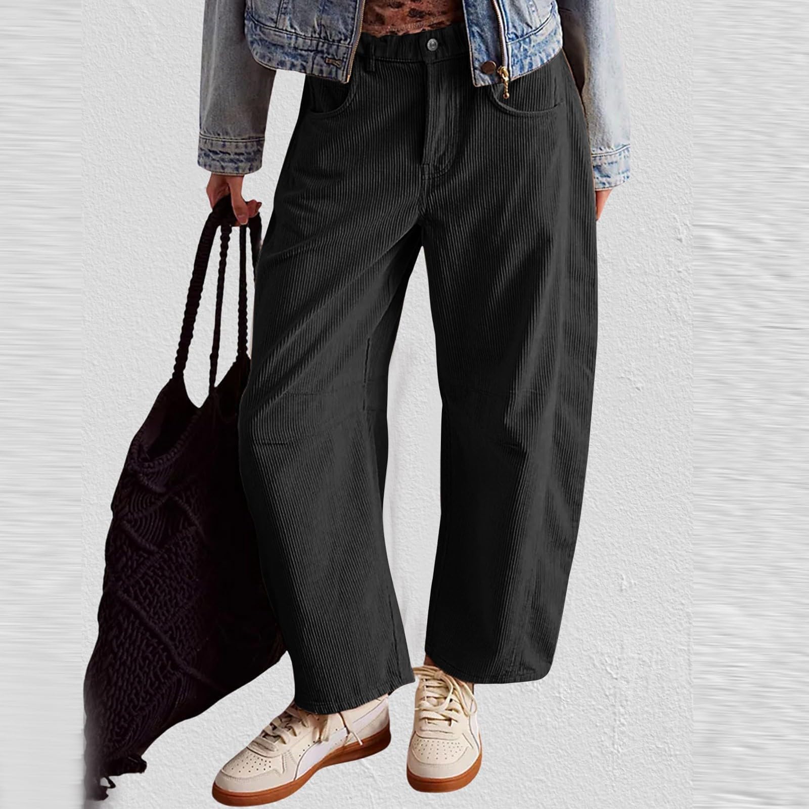 JIABAOZ Pantaloni Larghi in Velluto a Coste da Donna, Pantaloni a Botte in Velluto a Coste a Vita Media, Velluto retrò Dritti Pants, Pantaloni a Velluto a Coste Elastiche