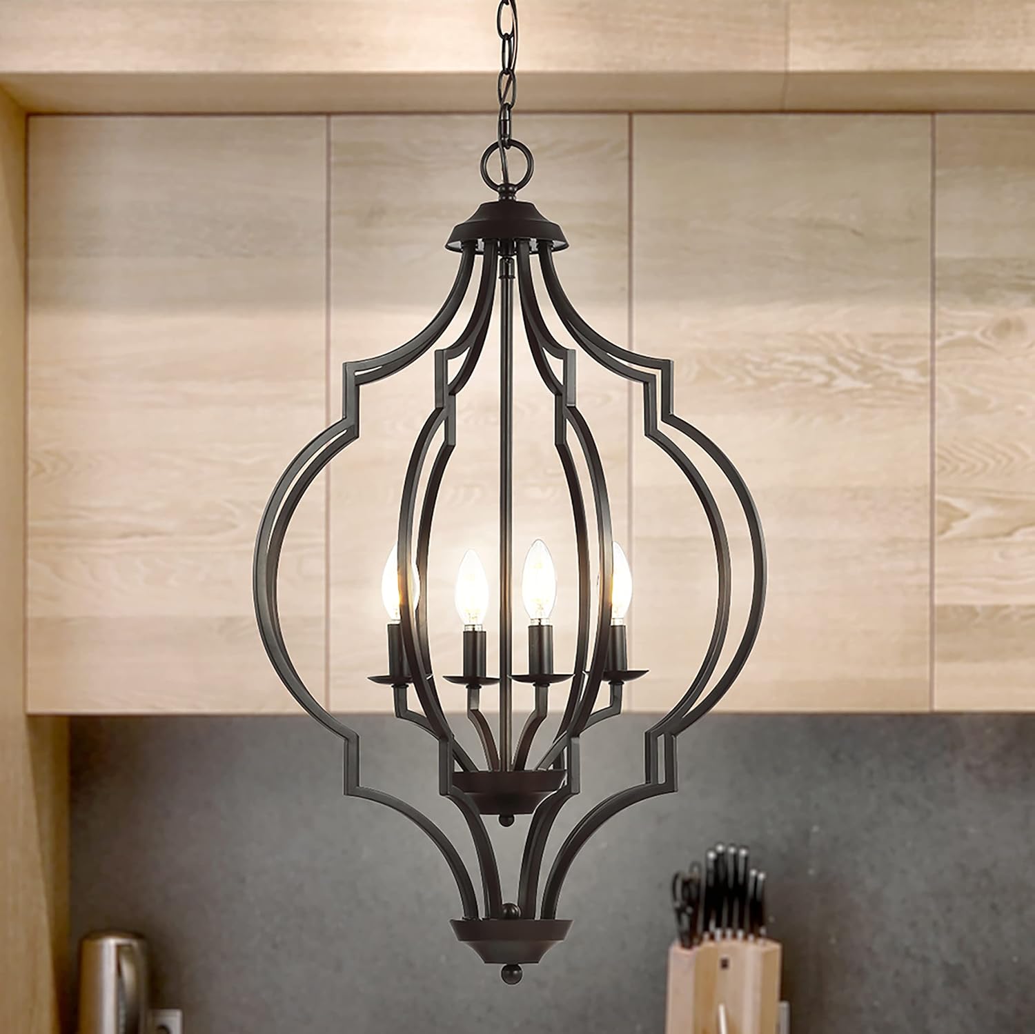 Eyely EYL6702A Wyatt 4-Light 19" Iron Adjustable Ogee Lantern LED Pendant for Dining Room,Kitchen and Living Room, Bohemian, Cottage, Designer, Bronze