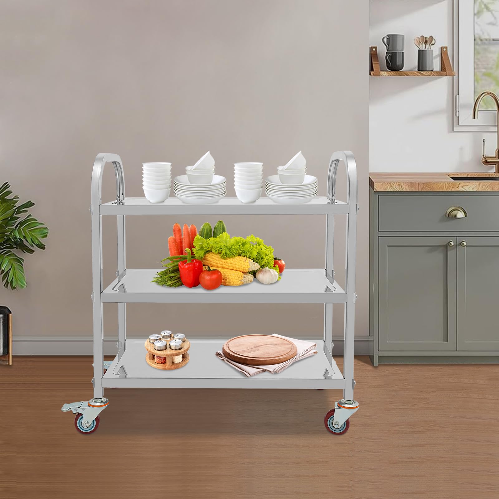 Carrito rodante de acero inoxidable de 3 niveles, carrito de cocina móvil con ruedas, solución versátil para uso doméstico, restaurante y hotel, duradero y elegante