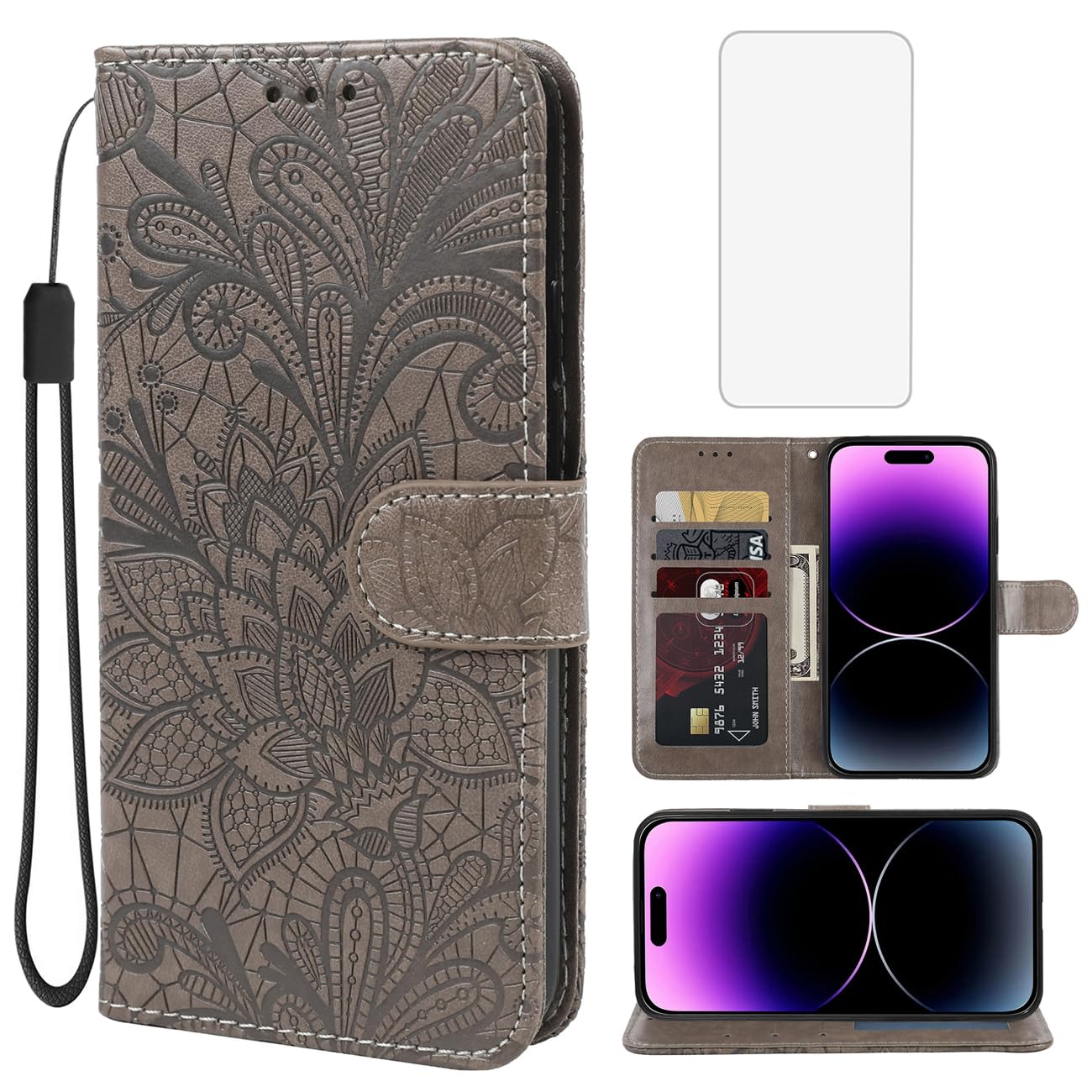 Gufuwo Case for iPhone 14 Pro Max Case 6.7" Apple 14 Pro Max Wallet Case with Tempered Glass Screen Protector, Lace Flower PU Leather Flip Credit Card