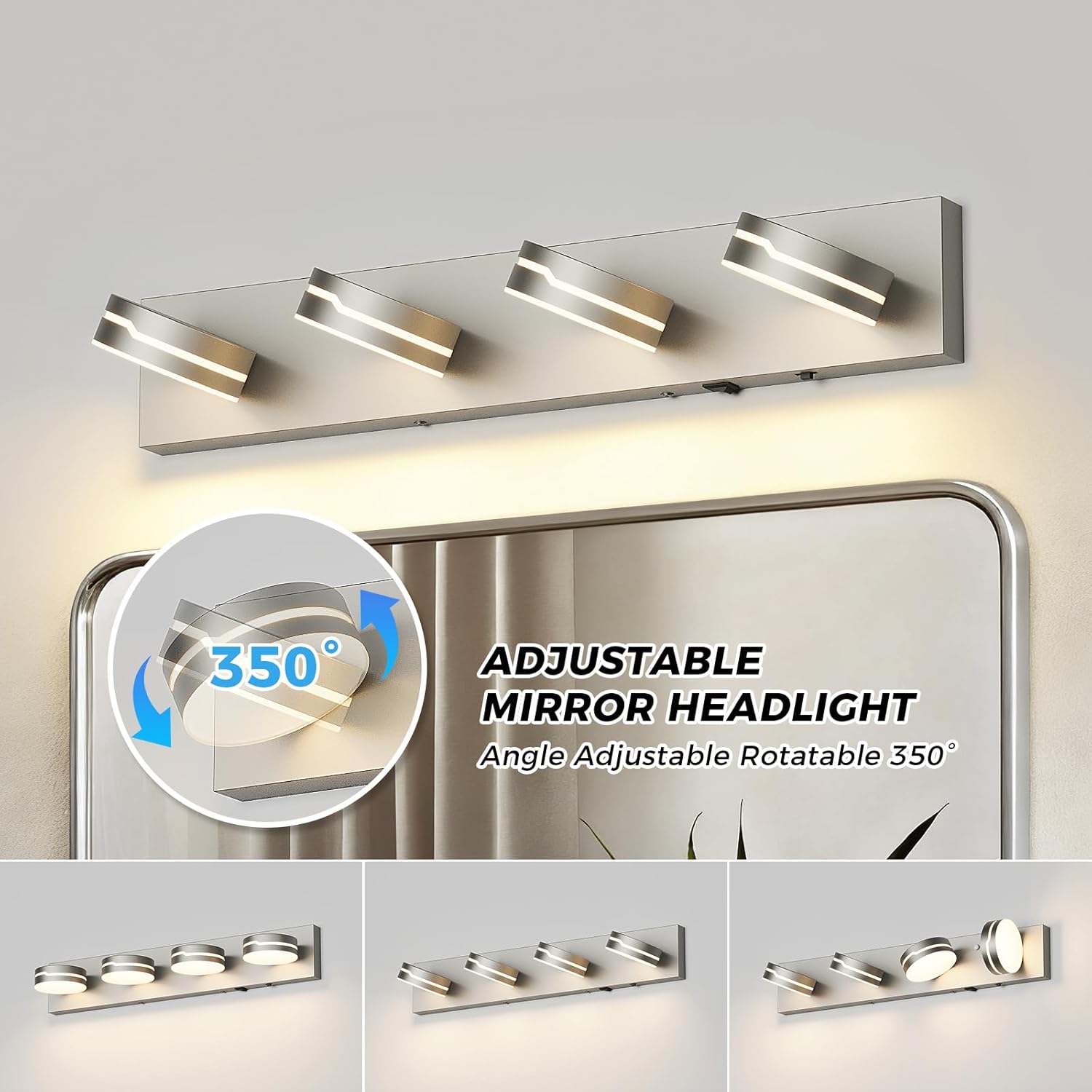 26" Motion Sensor Vanity Light Brushed Nickel, 3CCT 4-Light Modern LED Bathroom Lighting Fixtures Over Mirror, Dimmable Rotatable Head Wall Sconce, 3000K-6000K Color Selectable