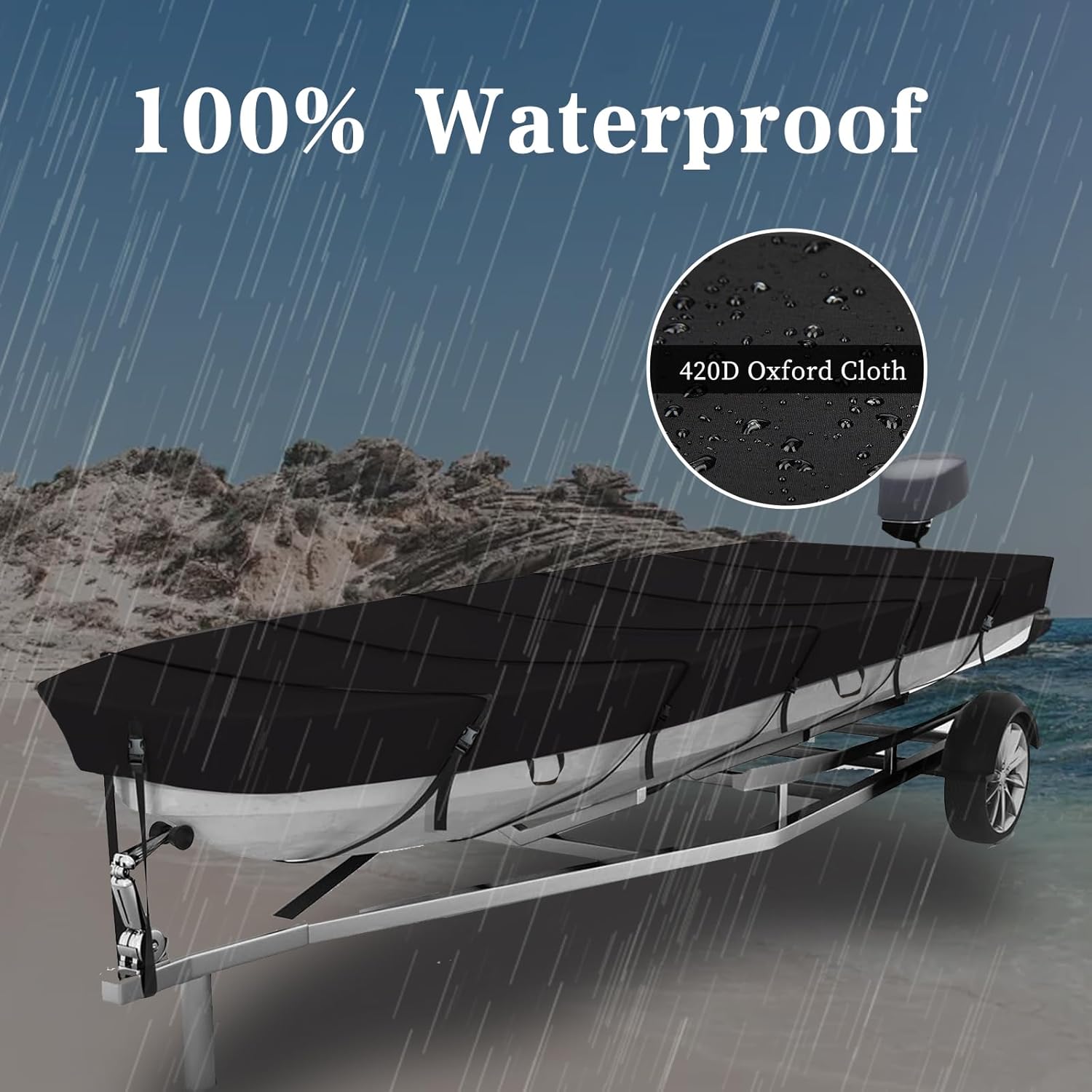 Jon Boat Cover 12-14ft 420D Waterproof Boat Covers Fits Jon Boat 14ft Long and Beam Width up to 70 inches (Fit12-14FT Jon Boat)