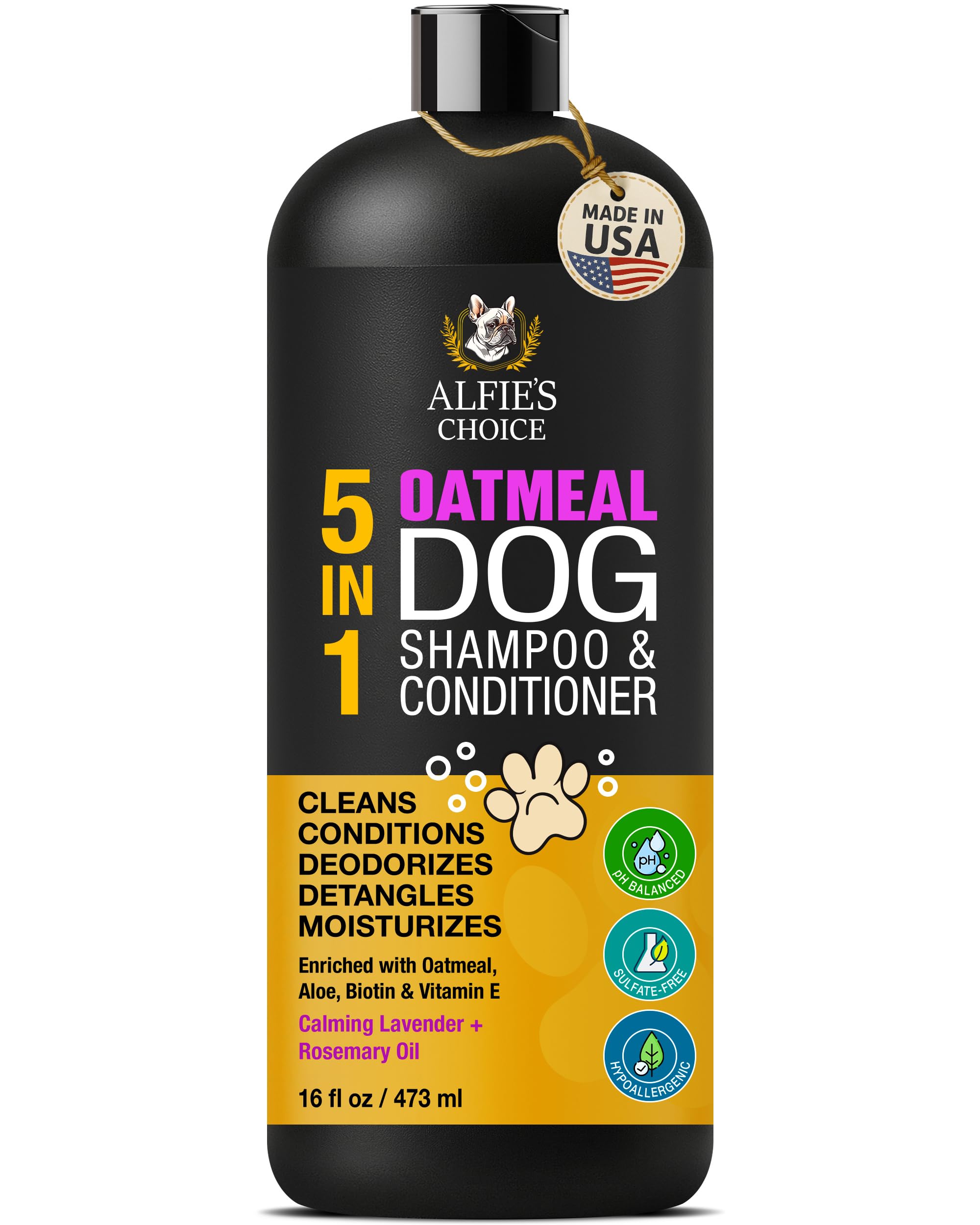 ALFIE'S CHOICE 5-in-1 Oatmeal Dog Shampoo and Conditioner | 16 fl oz | Gentle Dog Wash with Aloe, Biotin & Vitamin E | Cleans, Conditions, Deodorizes,