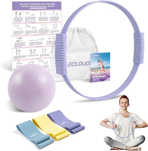 Kit esencial de pilates para mujer, juego de anillo y pelota de pilates de 13.5 pulgadas con bandas de resistencia para entrenamientos en casa, kit