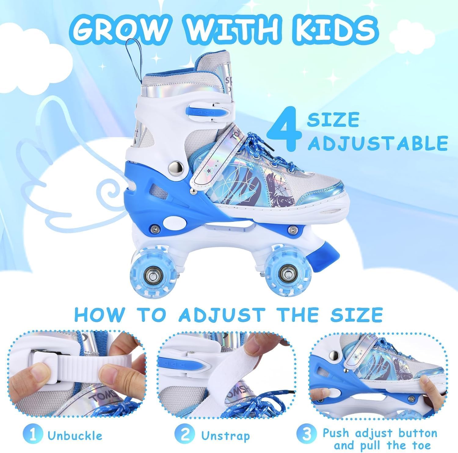 TOMSHOO Pattini a rotelle per ragazze, pattini in linea per bambini, ragazze, con luci a LED luminose, pattini in linea per bambini, misura regolabile, per principianti, bambini, regalo