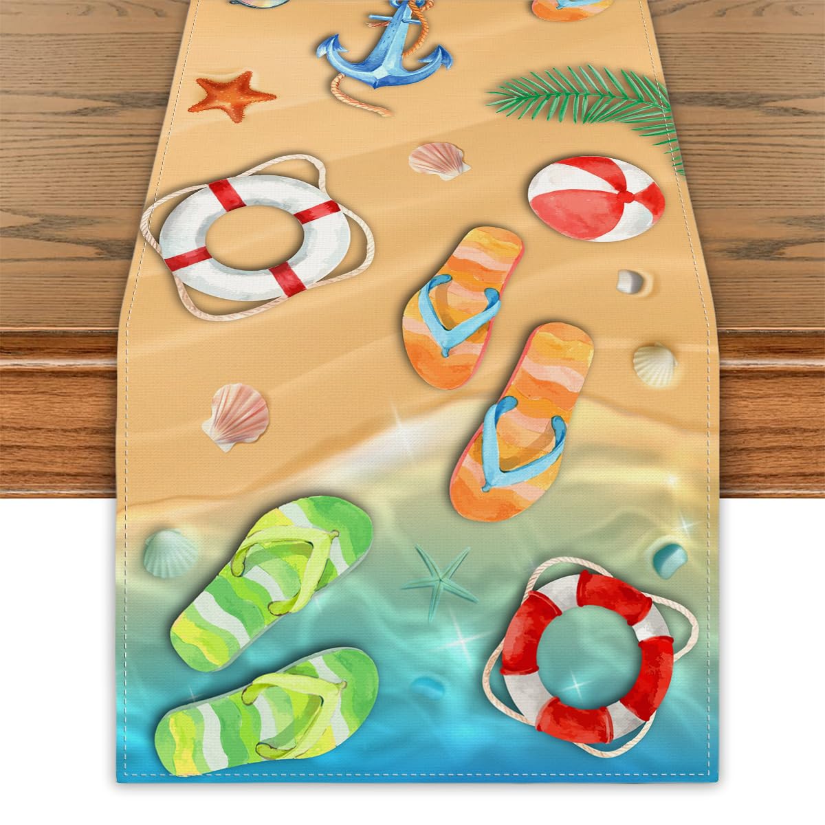 Summer Decorations Sea Shell Flip Flops Seaside Themed Summer Table Runner Anchor Starfish Life Preserver Coastal Beach Nautical Decorations Ocean Decor Holiday Decorations for Home Party