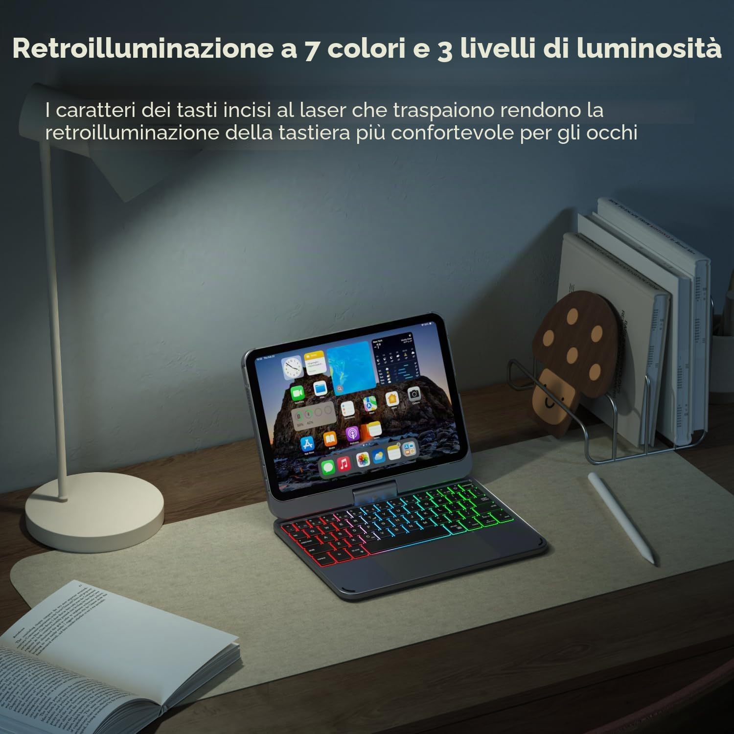 doqo Custodia Tastiera iPad mini 7 A17 Pro & mini 6,Trackpad,Rotazione 360 | Digitazione tipo laptop, Rotazione 360°, Retroilluminata, 8,3" 2024/2021, Supporto Penna Touch