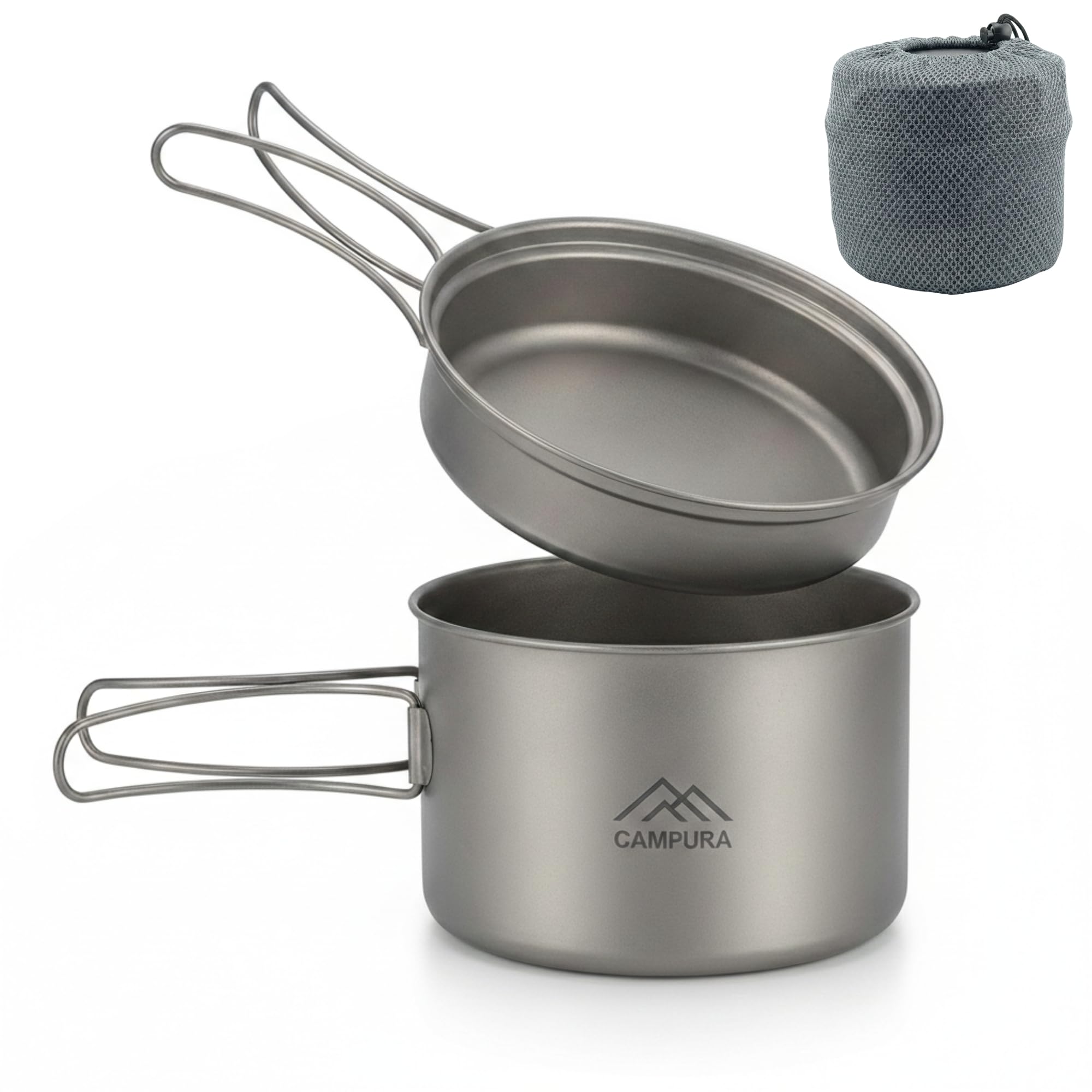 Titan - Juego de cacerolas y cacerolas (1300 ml y 500 ml, ultraligero (240 g), robusto y resistente al calor, compacto con asa y bolsa aislante, ideal para senderismo, camping, supervivencia y