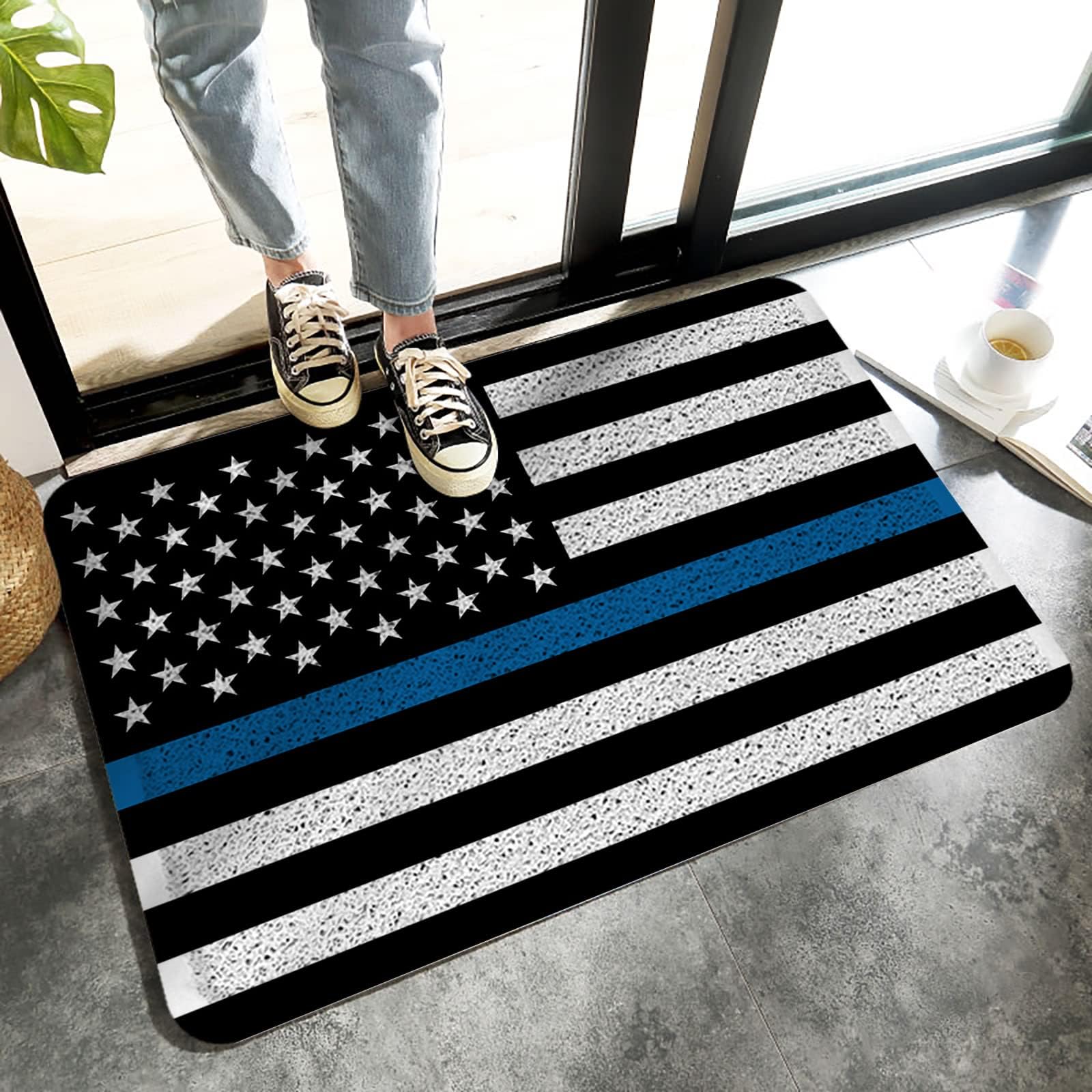 Welcome Door Mat American Black White Flag 4th of July,Non-Slip Floor Doormat Outdoor Patio Rug Pad Thin Blue Lines Police Law Enforcement,Heavy Duty Duraloop Mesh Dirt Mud Trapper Entryway 18x30In