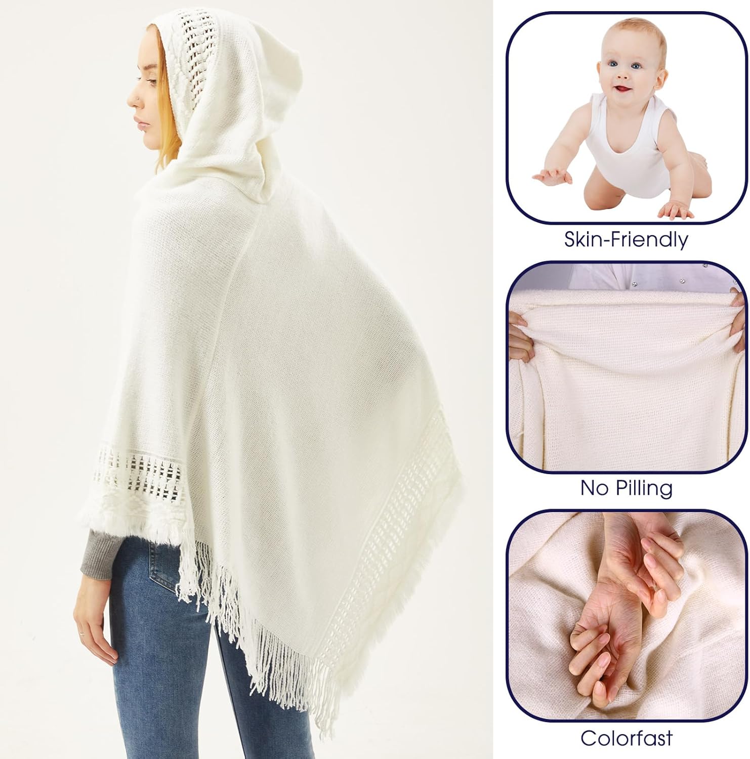 Liitrsh Shawl Poncho Sweaters for Women Knitted Hooded Cape with Fringed Hem Crochet Poncho Pullover Sweaters - Image 4