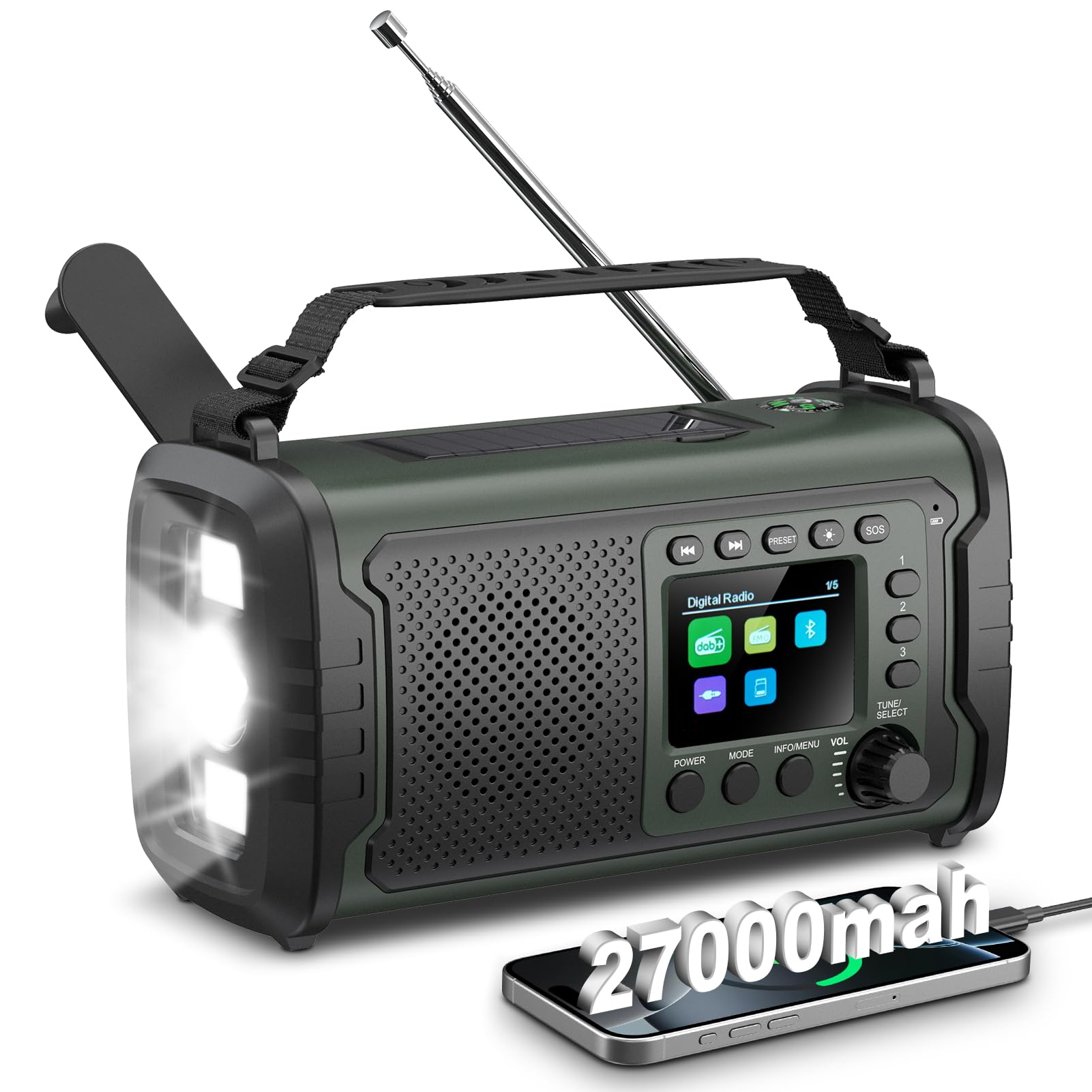 DAB Radio Portable with 27000mAh Rechargeable Lithium-ion Battery, DAB Plus Digital Radios with Bluetooth, Long-Lasting Battery, 40 Presets, LED Display and Headphone Jack for Home (Green)