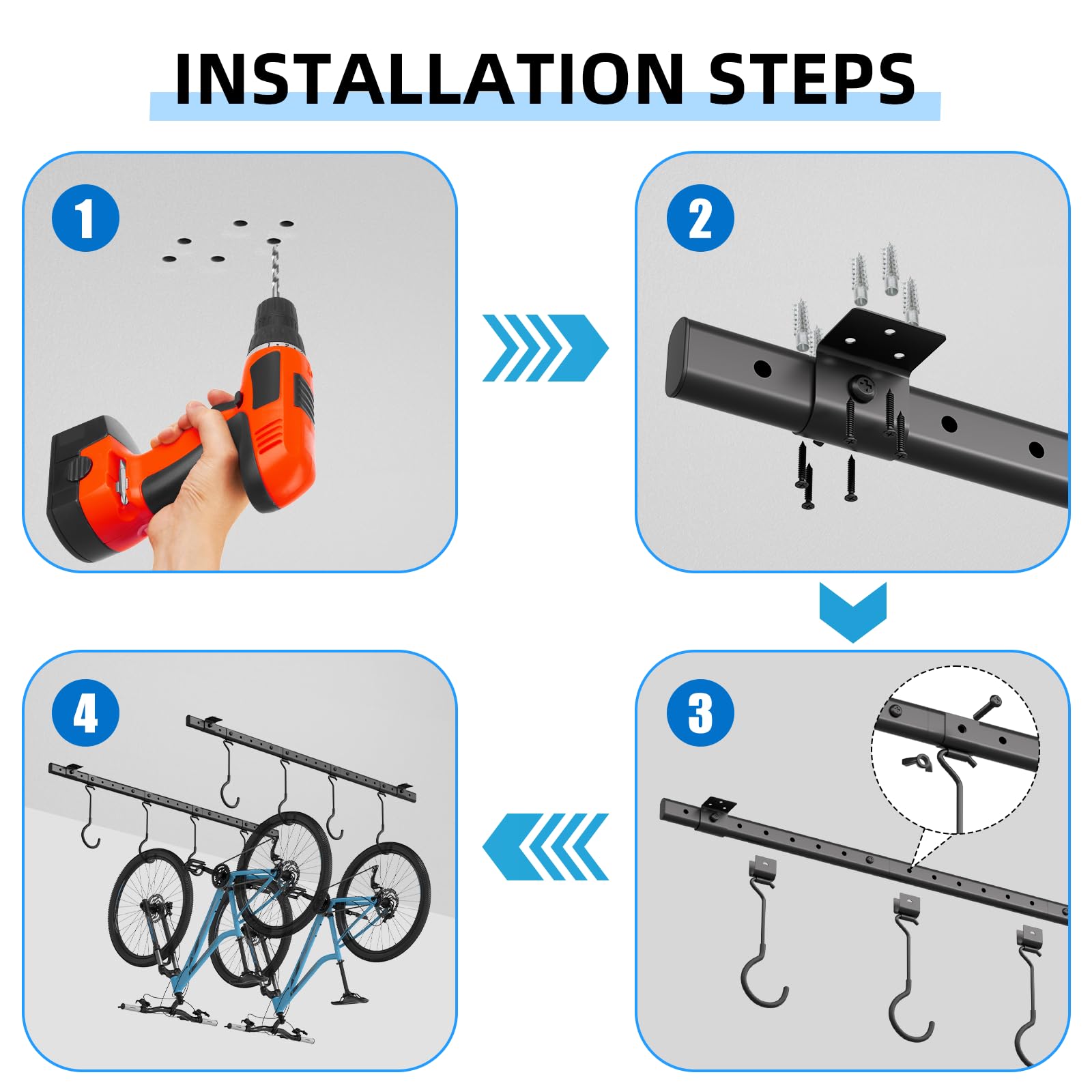 Urban Deco Portabici da soffitto per garage, sistema di ganci per biciclette con 8 ganci regolabili da soffitto per contenere 4-8 biciclette, soluzioni di archiviazione per biciclette da garage per
