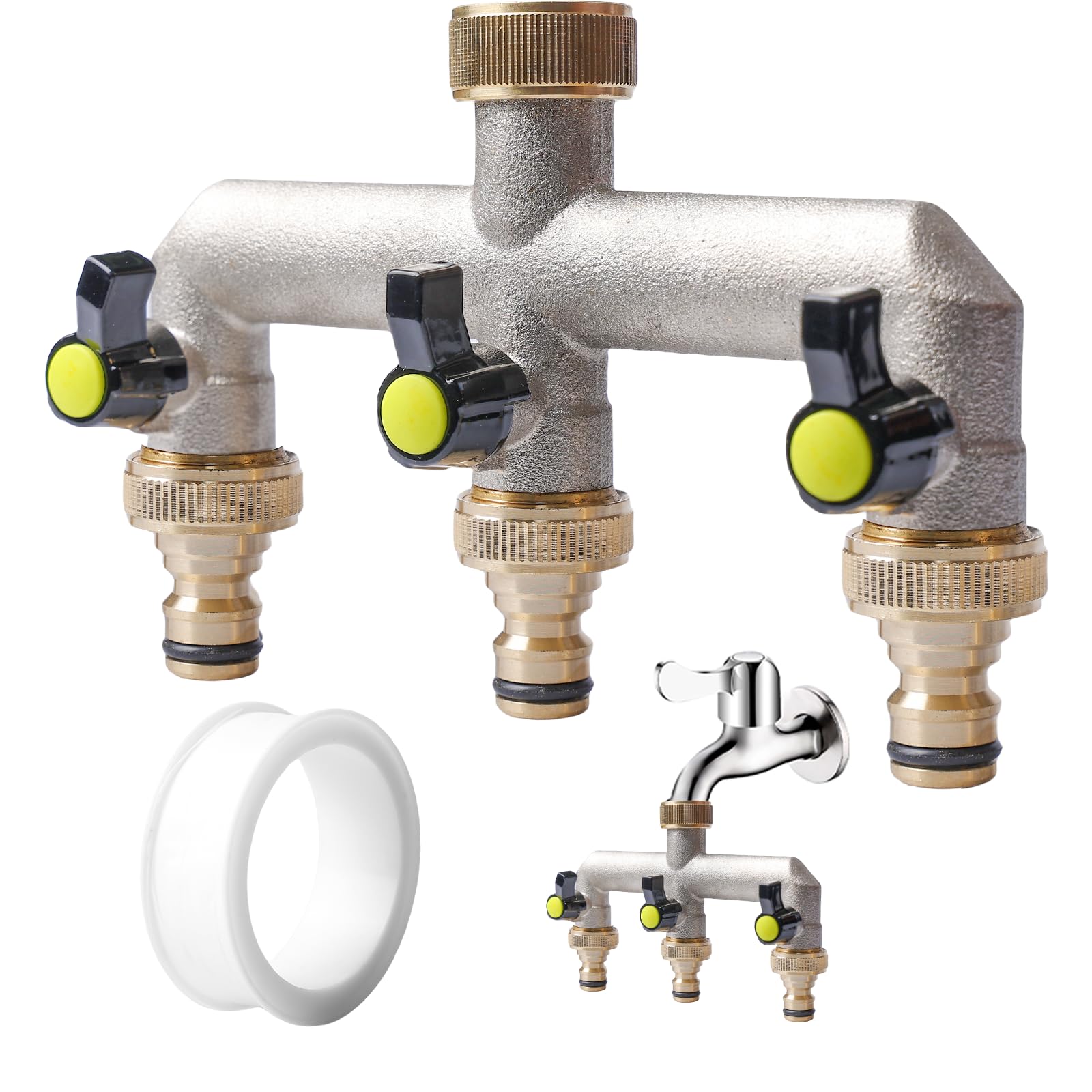 Brass Garden Tap Splitter, 3/4" Brass Garden Hose Splitter with On/Off Valves, 3 Way Tap Splitter Hose Connect Splitter for Garden Kitchen Faucet, Watering System