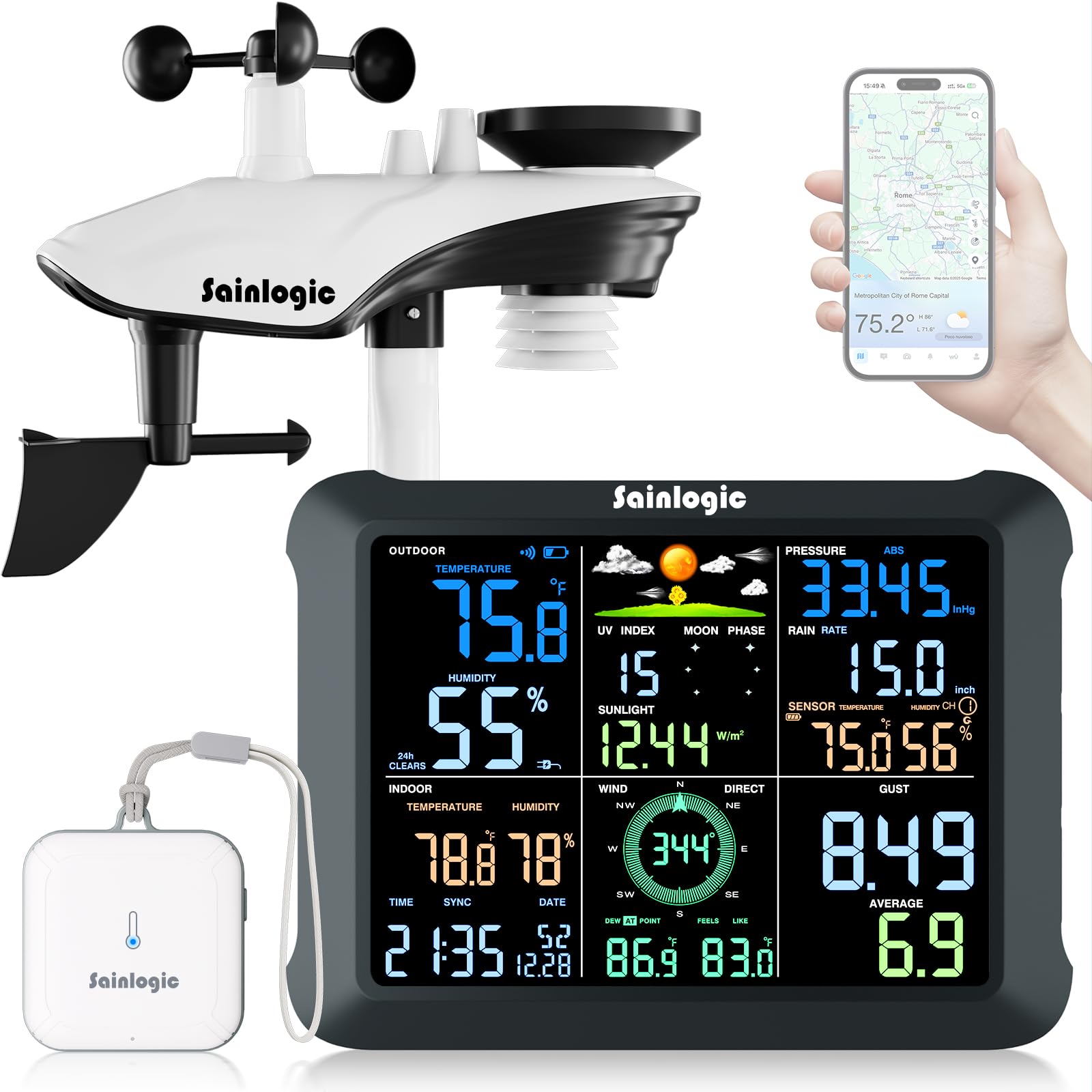 Sainlogic Smart Wetterstation WLAN, Drahtloser Innen-Außen-Sensor, 24/7-Wettervorhersage durch Weatherseed® AI, Wetterstation mit Regenmesser, UV, Warnungen & 2-jähriger Datenexport(Nur 2.4GHz)