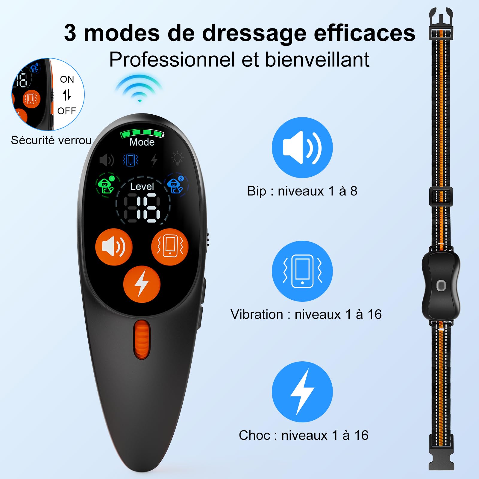 Collier Dressage 3 Modes Choc 1000m IP67 LED Rechargeable | Collier Dressage Chien Télécommande 3 modes (bip/vibration/choc), 1000m, IP67 récepteur, batterie 2h/15-60j, cou 67.5cm, LED