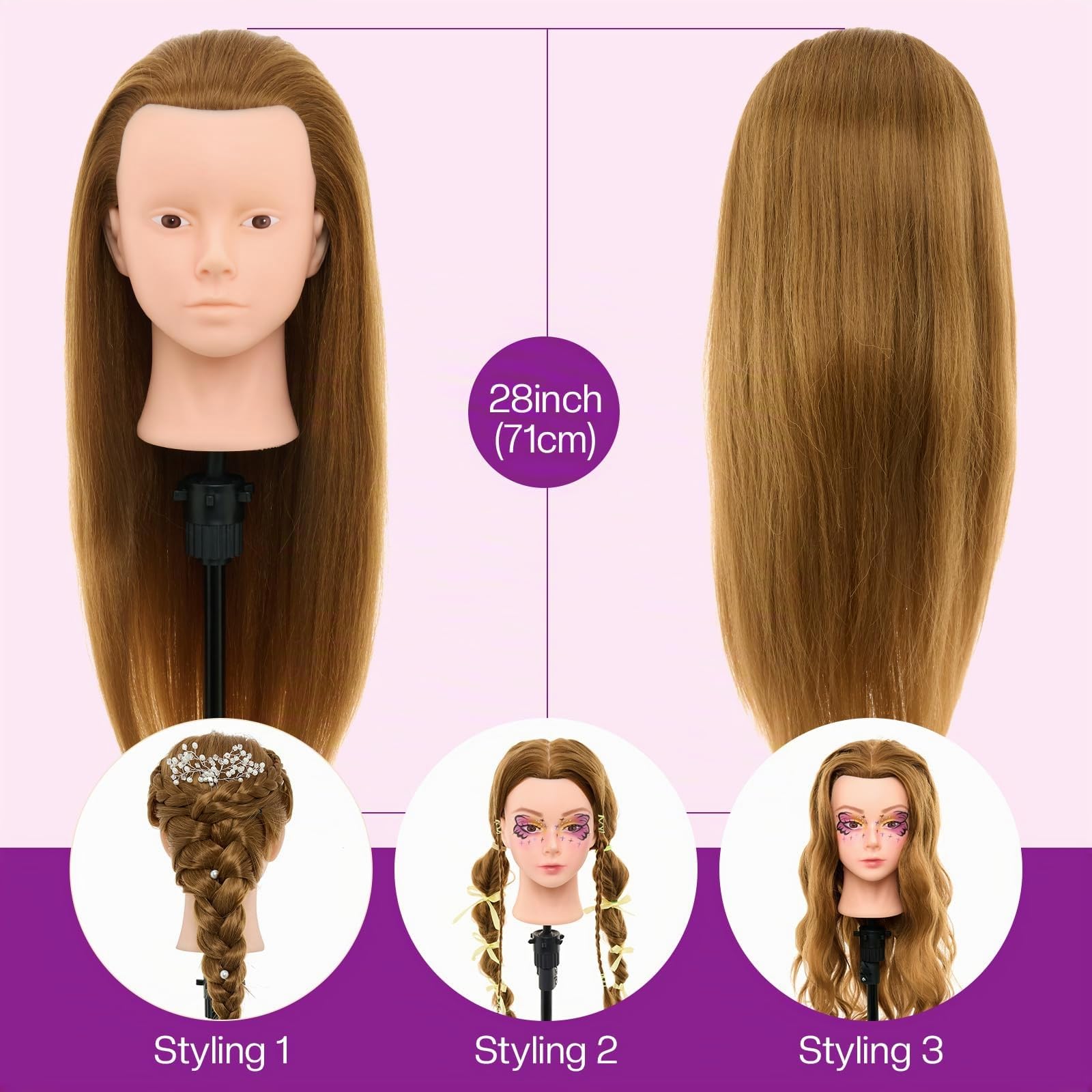 Neverland 71cm Testa Bambola da Truccare e Pettinare con Capelli Veri, Testa per Parrucchieri, Supporto da Tavolo (Biondo)