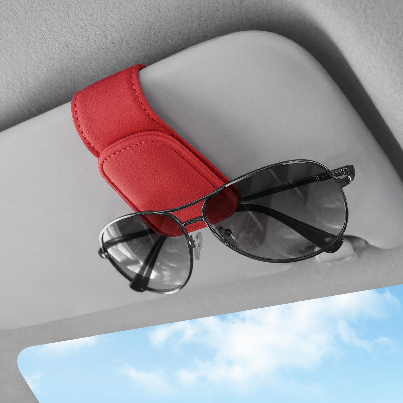 Tcjj Sunglasses Holders for Car Visor,Car Magnetic Glasses Holder Leather Sunglasses Clip and Ticket Card Clip Suitable for Car Interior Visor and Different Size Eyeglasses. (Red)