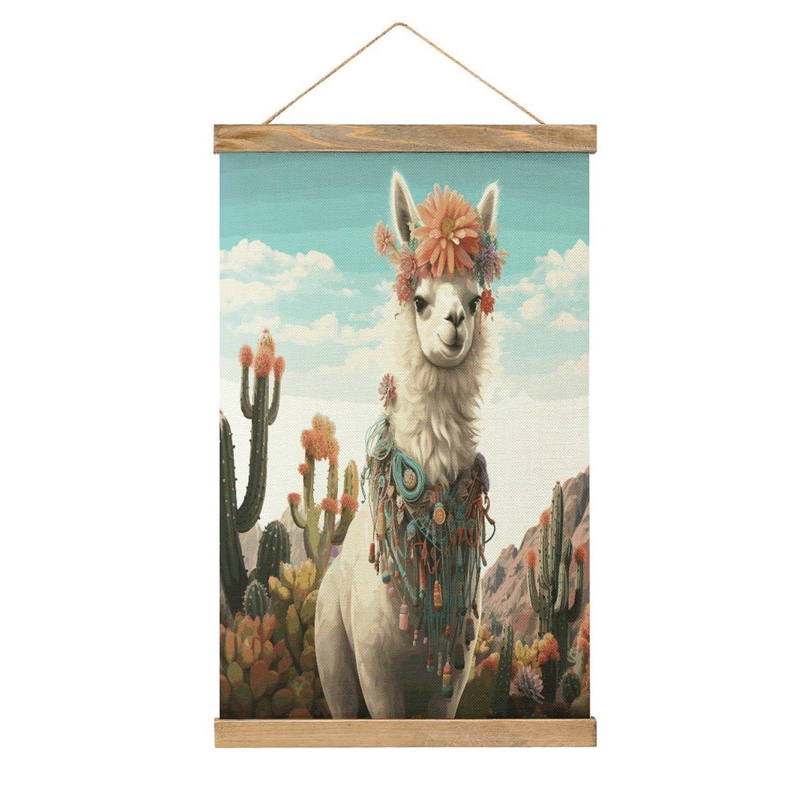FekiLoot Mexican Llama Cactus Wall Art Poster Hanger Frame Linen Wall Art Decor Vintage Hanging Poster Hanging Wall Decor Rustic Retro Wall Art Print for Living Room Decor 20.4 X 13.1Inches