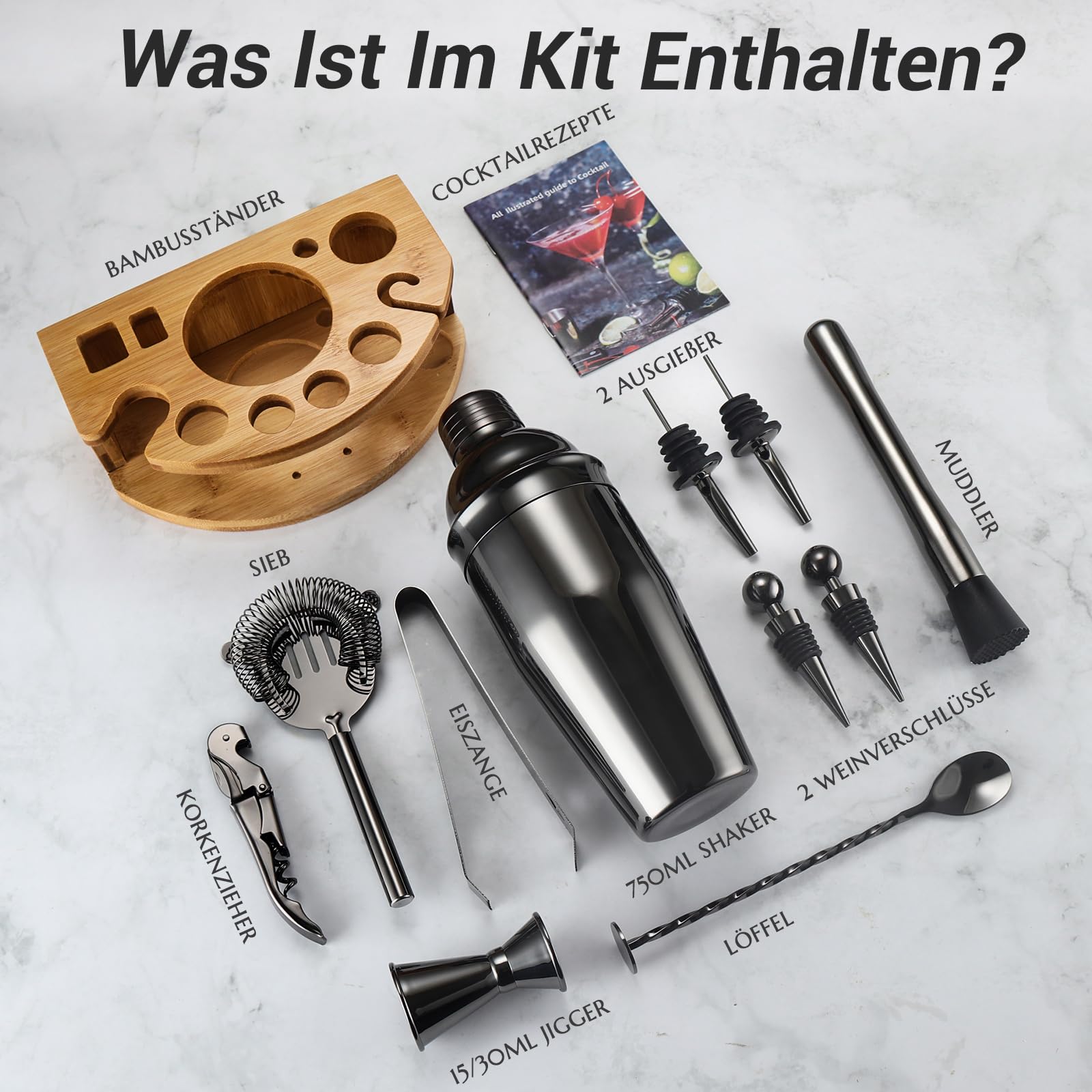 Cocktail Shaker Set, 12 Teiliges Edelstahl Bar Zubehör Set, 750ML Shaker Barkeeper Set mit Ständer, Ideales Cocktail Maschine Barkeeper Set für die Hausbar (Schwarz)