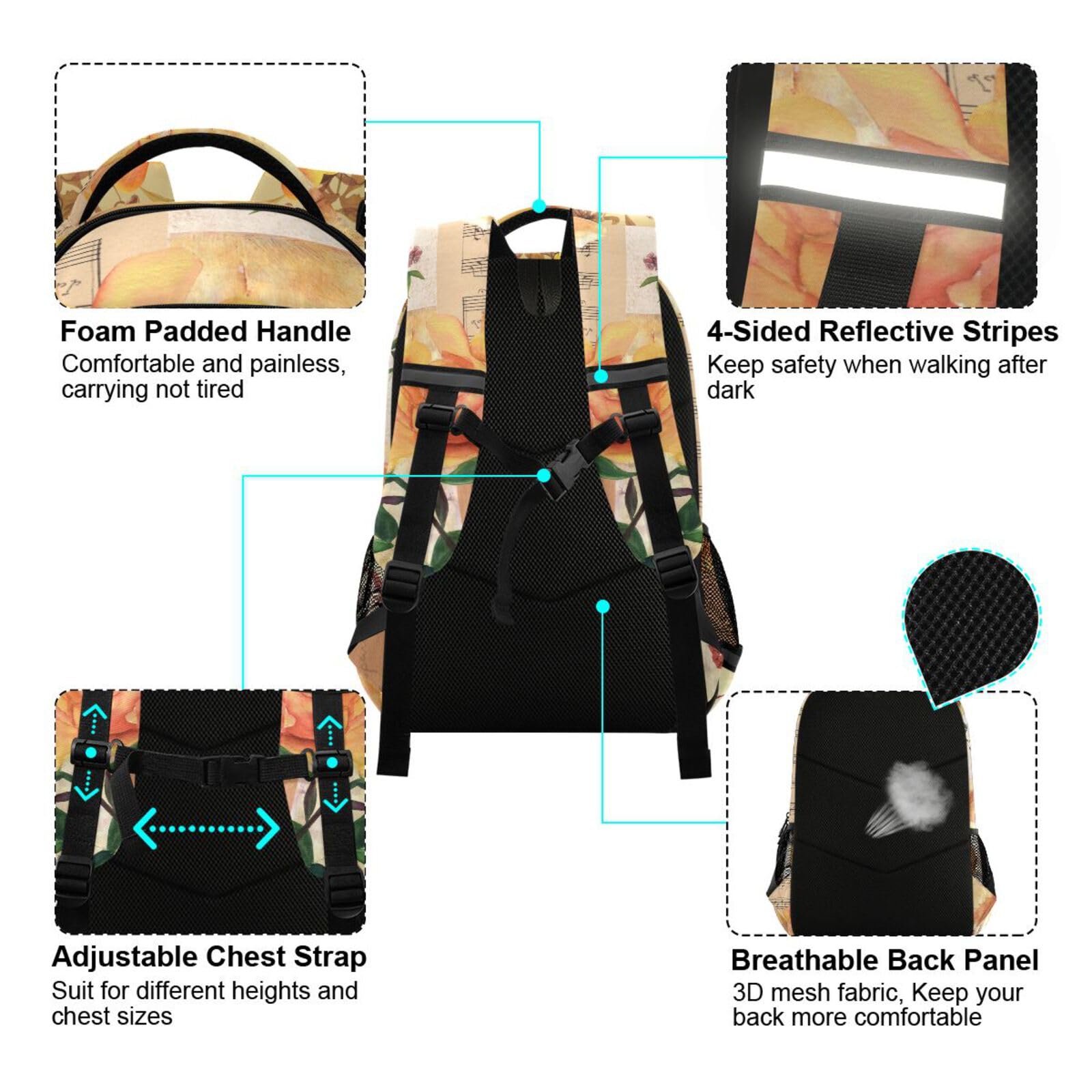 Vintage Rosen Schmetterlinge Notenrucksack für Kinder Schultasche Studenten Jungen Mädchen Büchertasche Elementar Reiserucksack Tagesrucksack Laptoptasche, gelb, 29.5x17.5x42.5cm