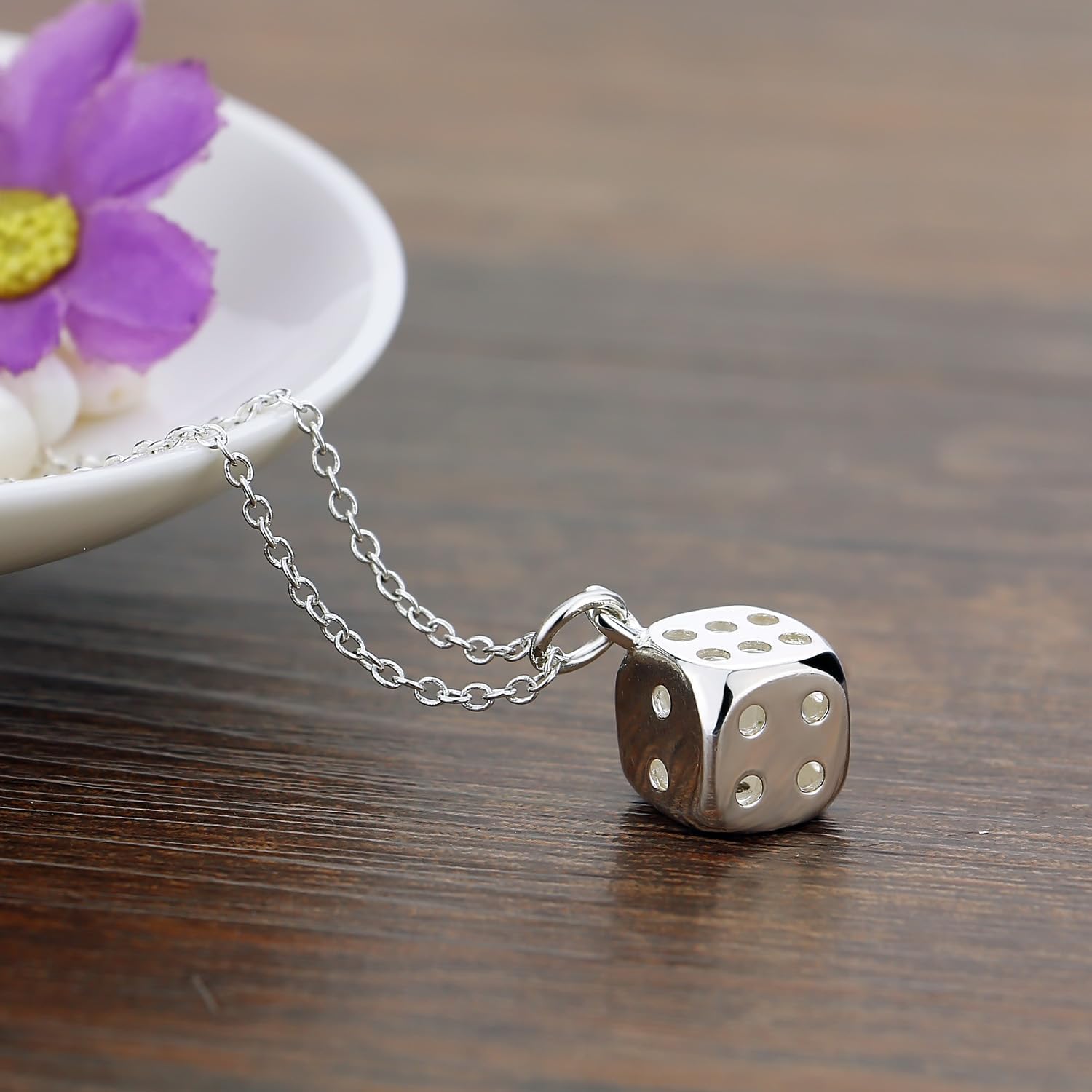 Dankadi Collier Fin avec Pendentif dé Bonne Chance en 925 Argent Sterling, Chaîne Élégante de Dés Cubes 18"/46CM 20"/50CM 22"/56CM Charmant Réglable Cadeau de Bijou pour Femme Homme