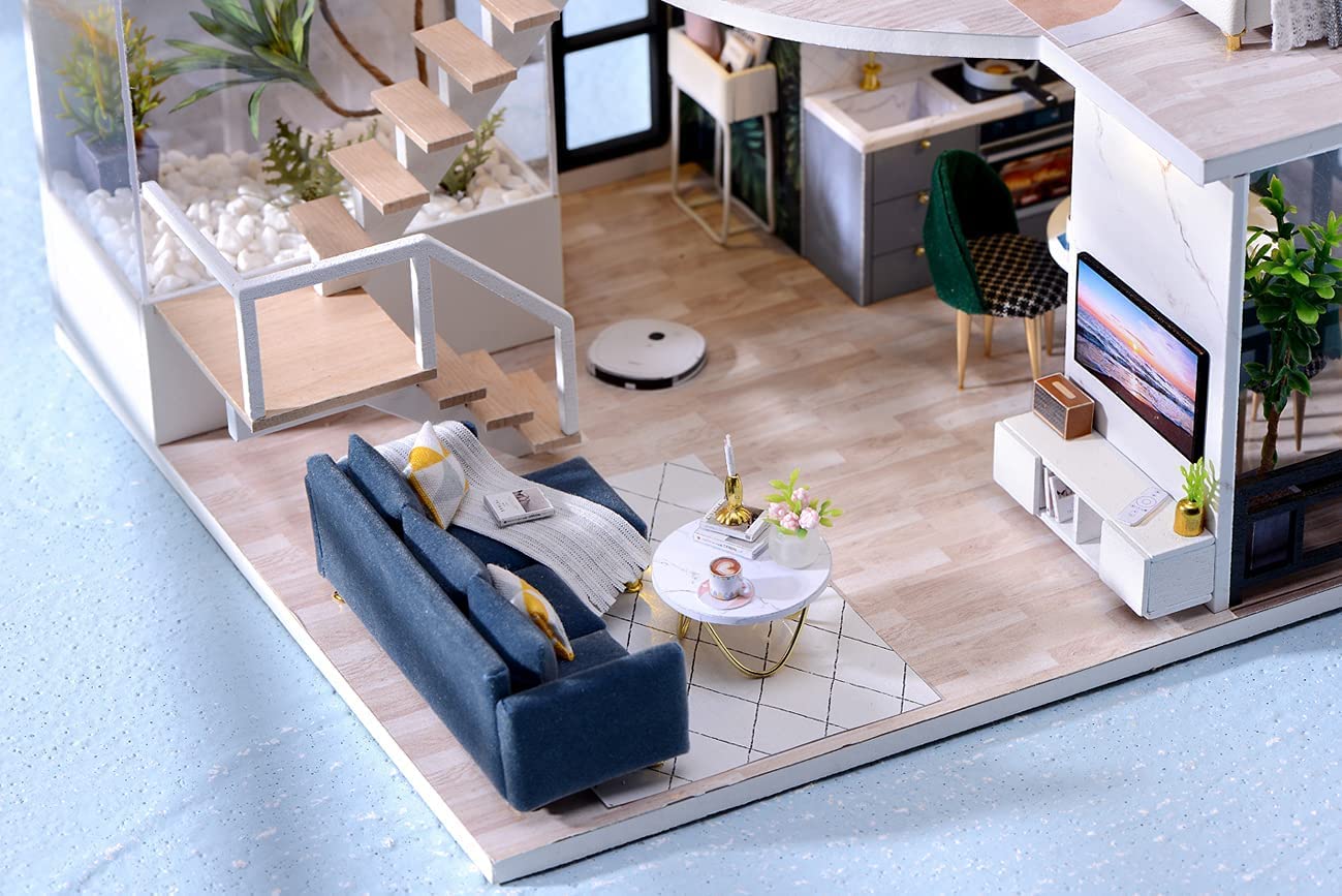 Kit de casa de muñecas en miniatura con muebles, kit de casa de muñecas de madera con luces LED (L032) 5