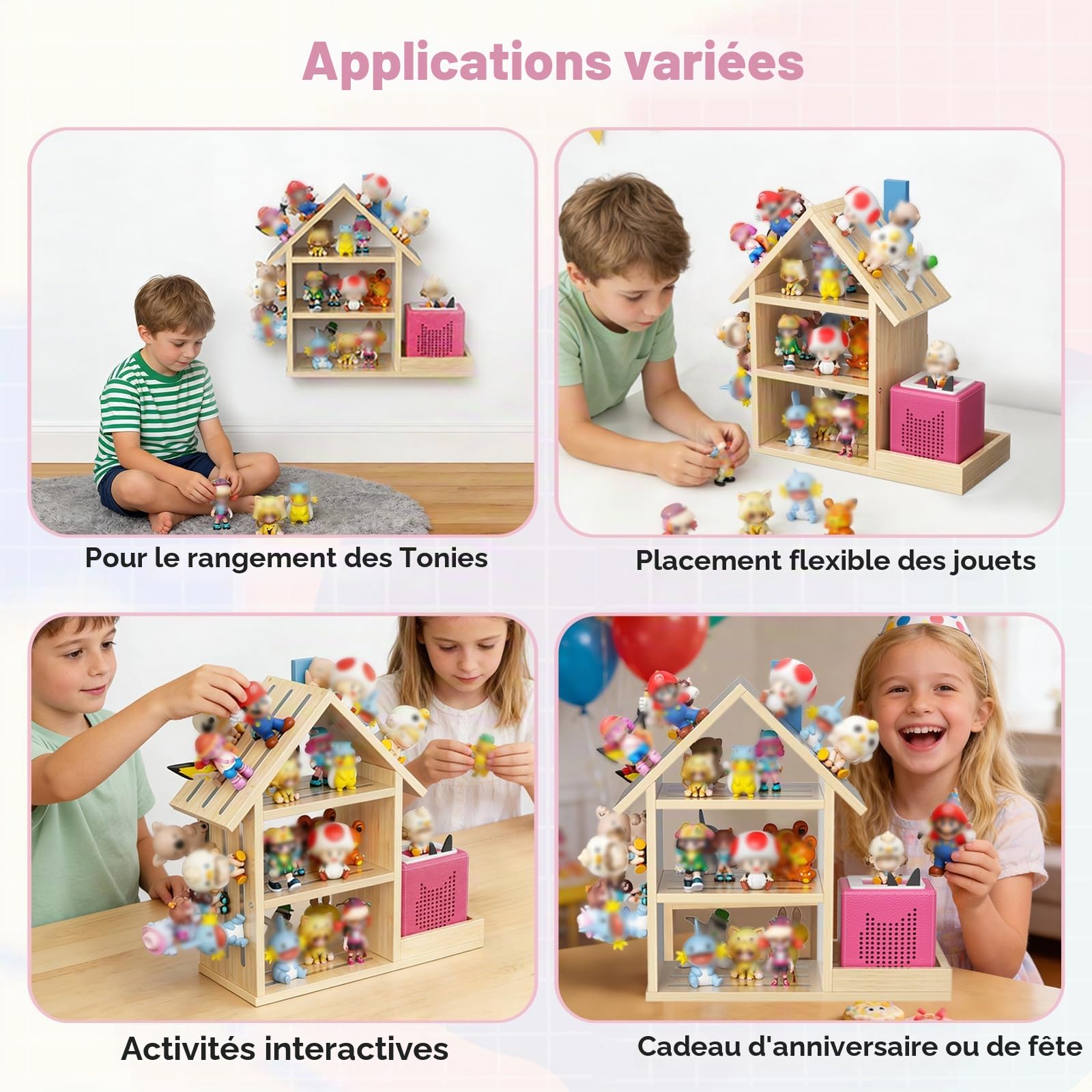 Étagère en Bois pour Figurines Audio (70 à 80 pièces) – Étagère Murale en Forme de Maison avec Bande Magnétique pour Le Rangement des Figurines – Présentoir Mural en Bois
