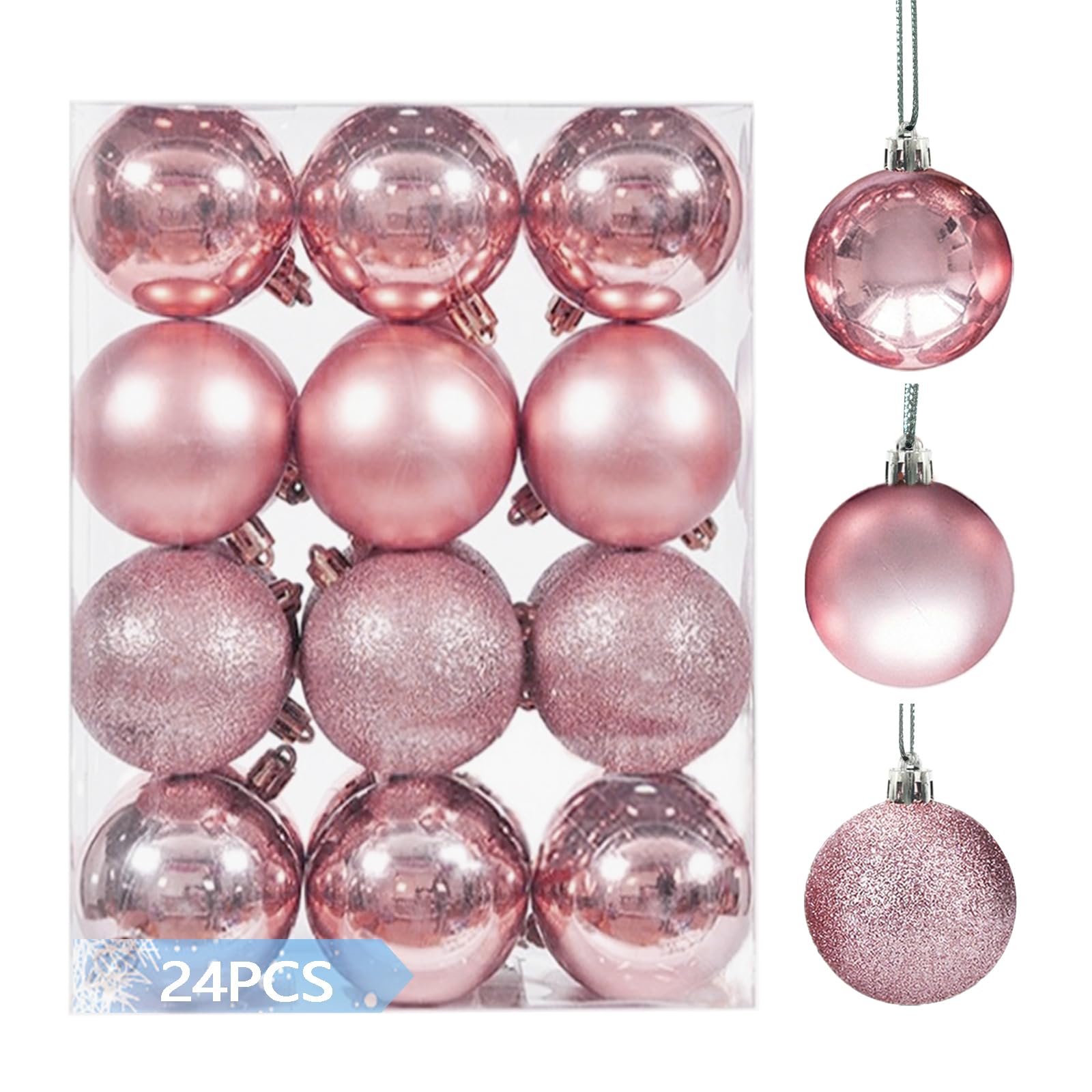 Lydelog Rose Gold 24Pcs Shatterproof Christmas Balls Ornaments, 4Cm/1.57", Pre-Strung Hanging Xmas Tree Decorations, 3 Styles For Christmas/Halloween/Wedding/Birthday Party (Rose Gold)