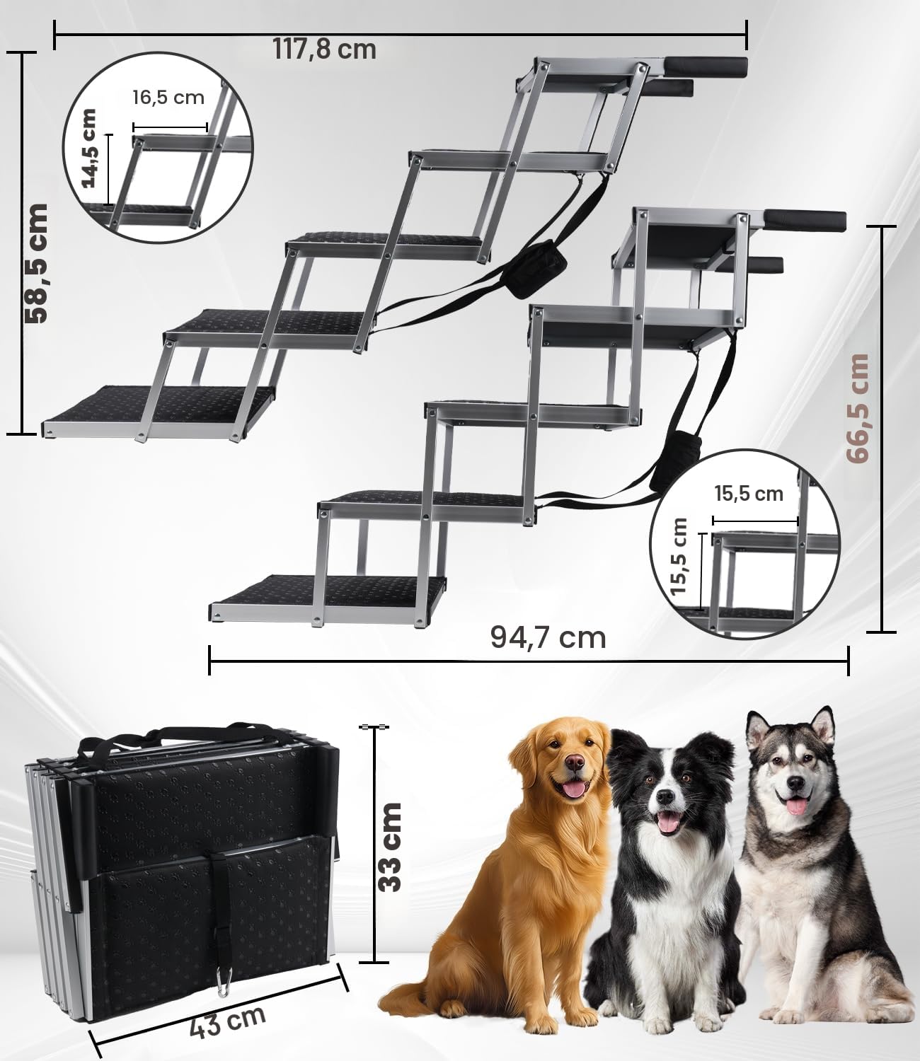 Hundetreppe Auto, Hunderampe Auto klappbar, Haustiertreppe mit Hundeliftgeschirr, 5 Stufen Hundetreppe Große Hunde bis 80kg, Rampe Hunde Treppe für die Für Kleine, Mittlere, Große