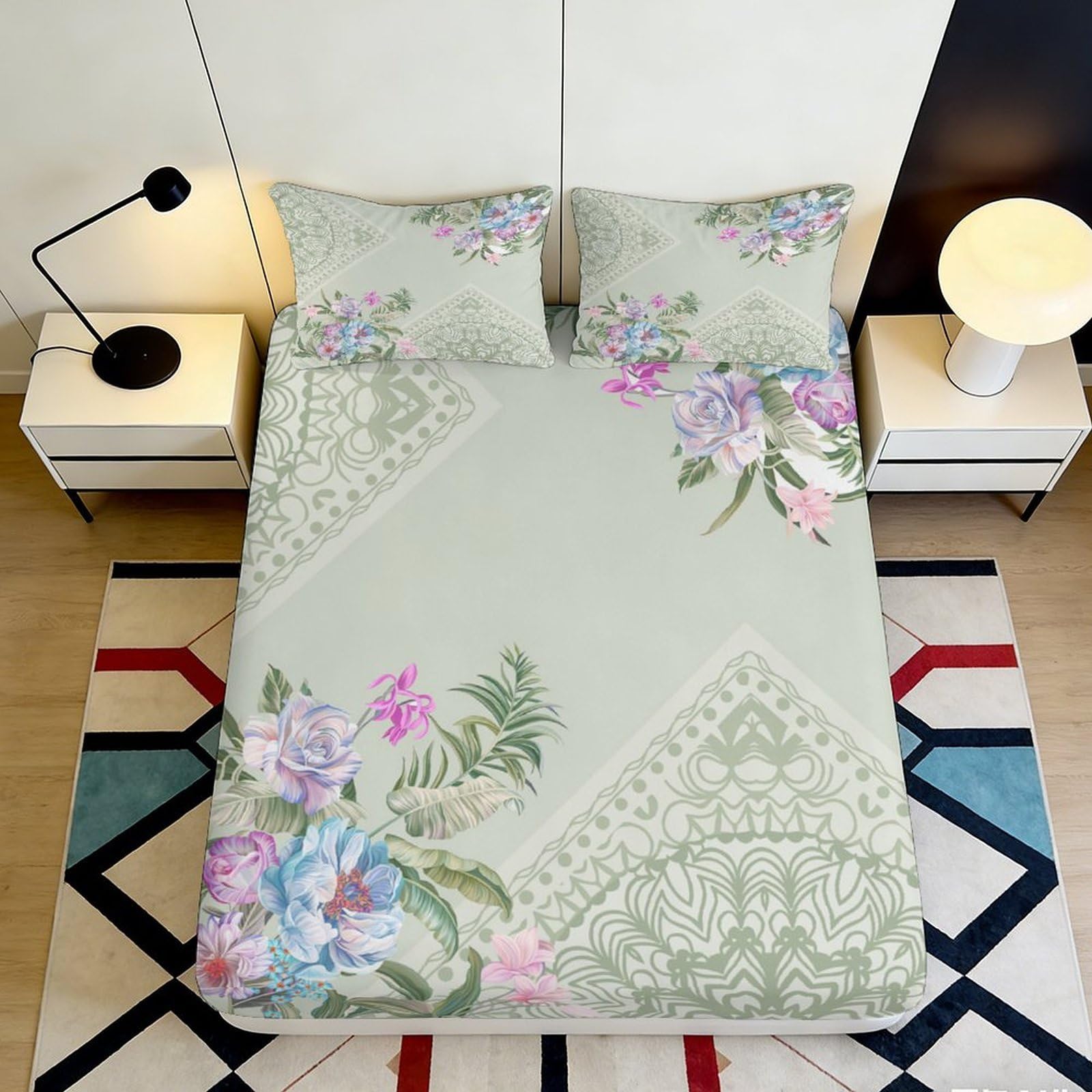 Pnayamiorkfel Style-5 3D Printed Pastel Floral Pattern Fitted Sheet Microfiber Soft Non-Slip Botanical Bed Cover For Bedroom Guest Room 90X200x25cm