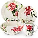 Tudor England Royal 12-Piece Porcelain Dinnerware Set for 4, Diana Rose Beige Floral Design, Dinner Plates, Salad Plates and Soup Bowls, Dishwasher and Microwave Safe