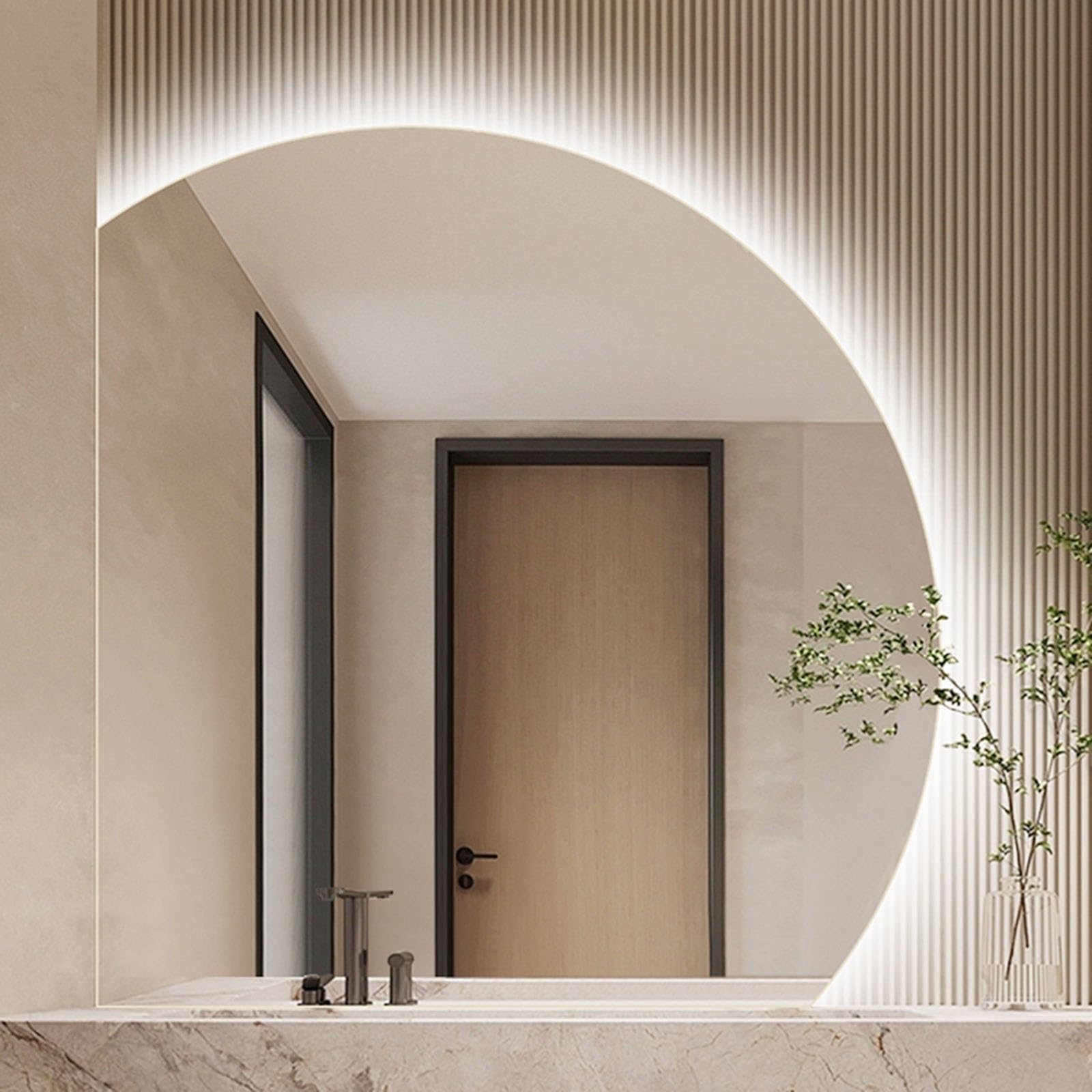 SXFSDOU 40 Inch Backlit Semicircle Bathroom Mirror with 3 Colors Light 28 Smart Dimmable LED Wall Mirror, 32 Anti-Fog Frameless Modern Decorative(Left Under Cut,32inch/80cm)