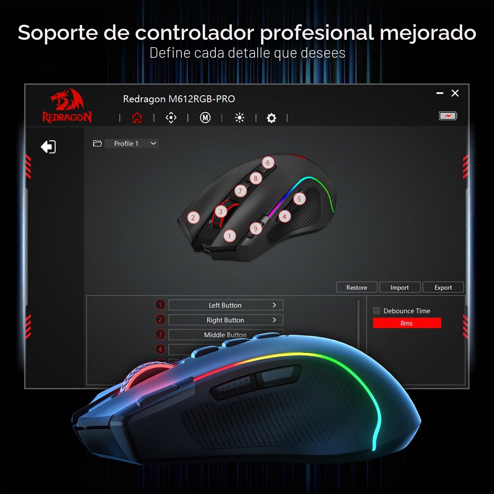 Redragon M612 Pro RGB Gaming Ratón 8000 dpi con Cable/inalámbrico Gamer Mouse con 9 Botones programables y 6 Modos de retroiluminación BT & 2.4G Soporte de Software inalámbrico