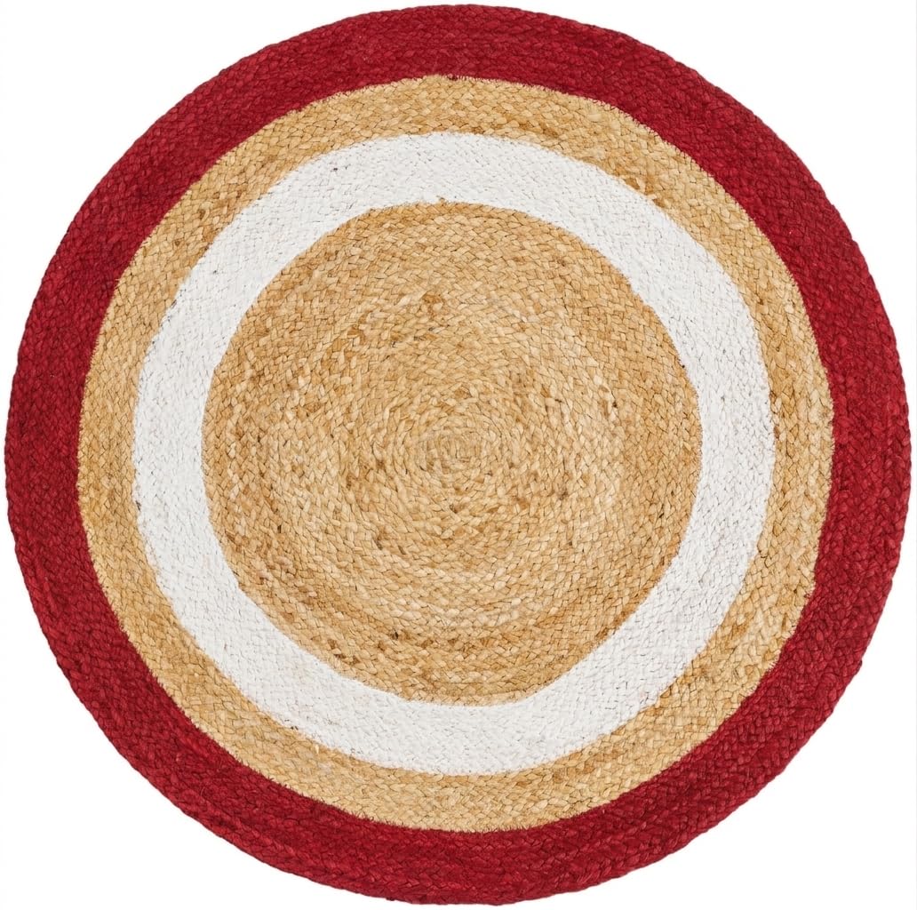 Tappeto in iuta naturale, 1,2 x 1,2 m, rosso e bianco con beige