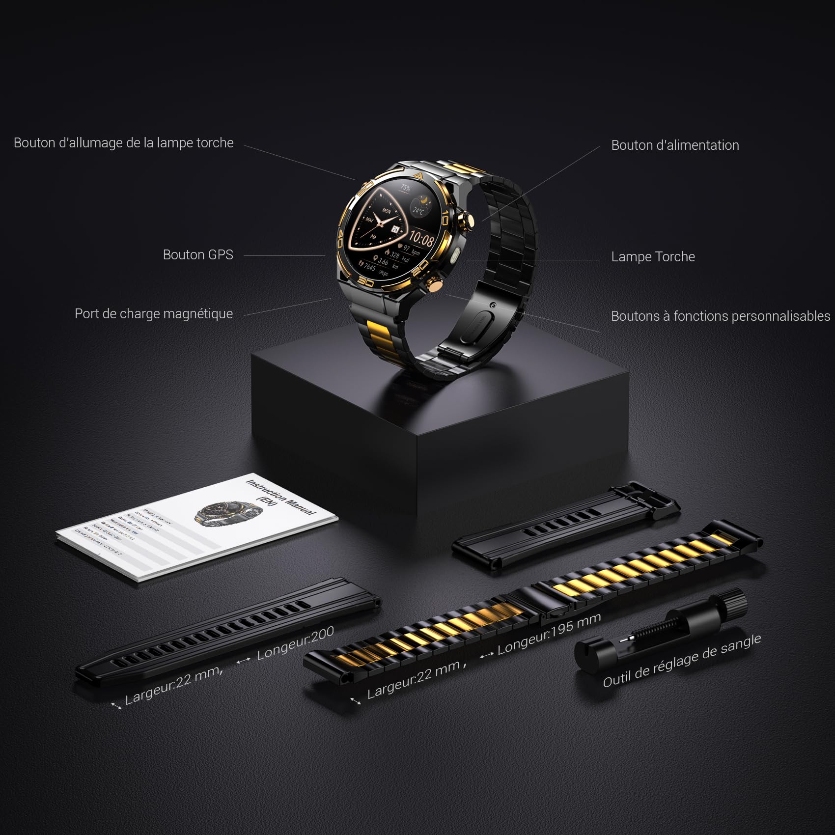 Blackview Montre Connectée Homme 14K Or Luxe avec IA ChatGPT, Écran AMOLED HD 1.43", GPS Intégré, Lampe de Poche, Boussole, Appels Bluetooth, Surveillance Santé, 100+ Modes Sport, pour Android et iOS