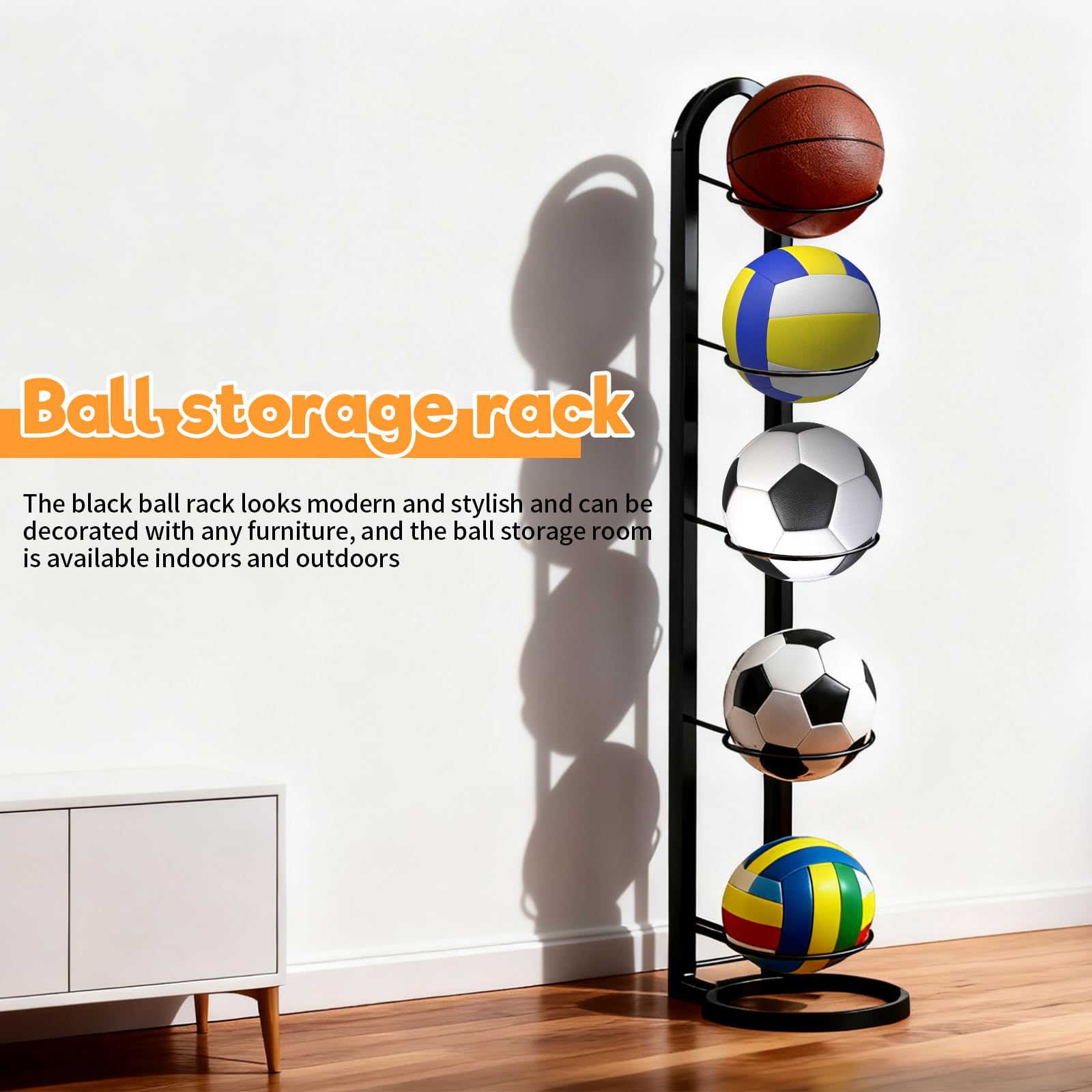 5 Stufiger Ballständer Schwarz, Vertical Ballhalter Abnehmbare Ballregal Sportgeräte Organizer Stabil und robust Balllagerregal für Basketball Fußball Volleyball