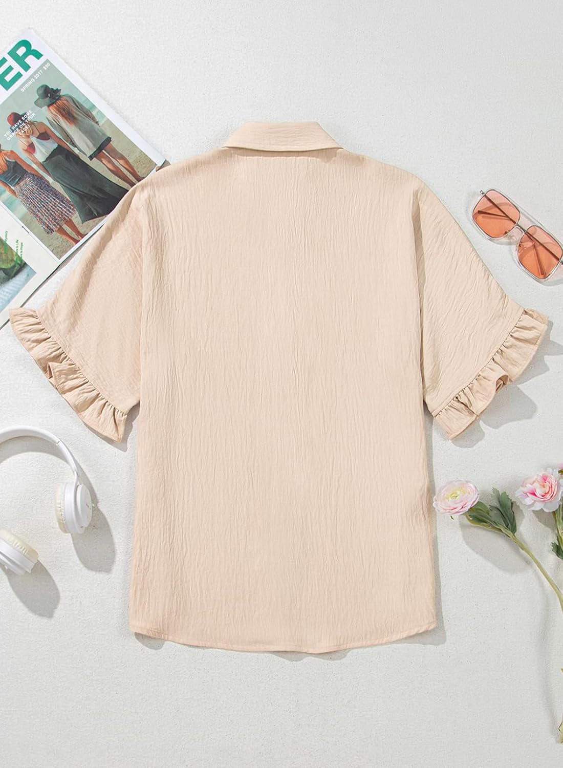 Astylish Women's Button Down Shirts Ruffle Short Sleeve V Neck Wrinkled Dressy Blouse Tops - Image 6