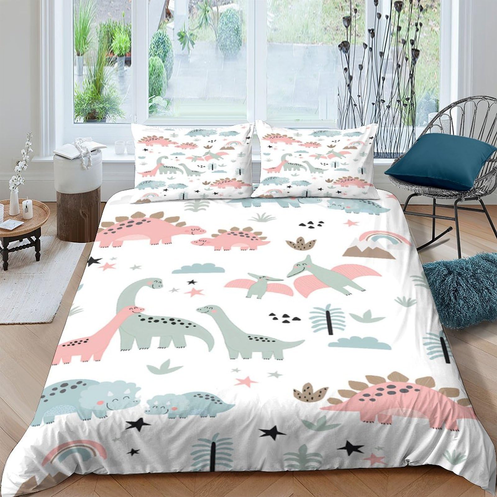 P5V6M1Q9 3D Printed Dinosaur Jungle Duvet Cover Set Microfiber Soft Breathable Bedding Set with 2 Pillowcases for Bedroom Decor Single（135x200cm）
