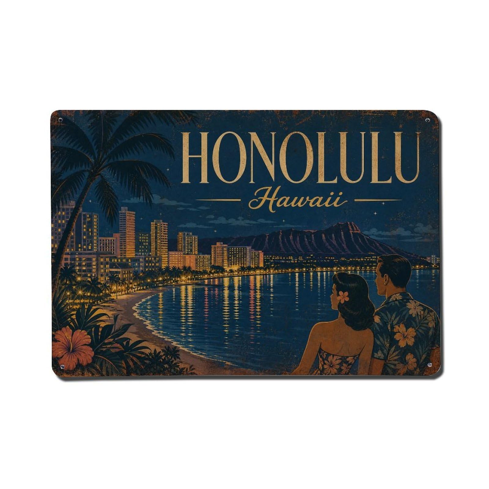 Huiyhb 8X12inch(20X30cm) Vintage Travel Honolulu Hawaii Nighttime Metal Tin Sign