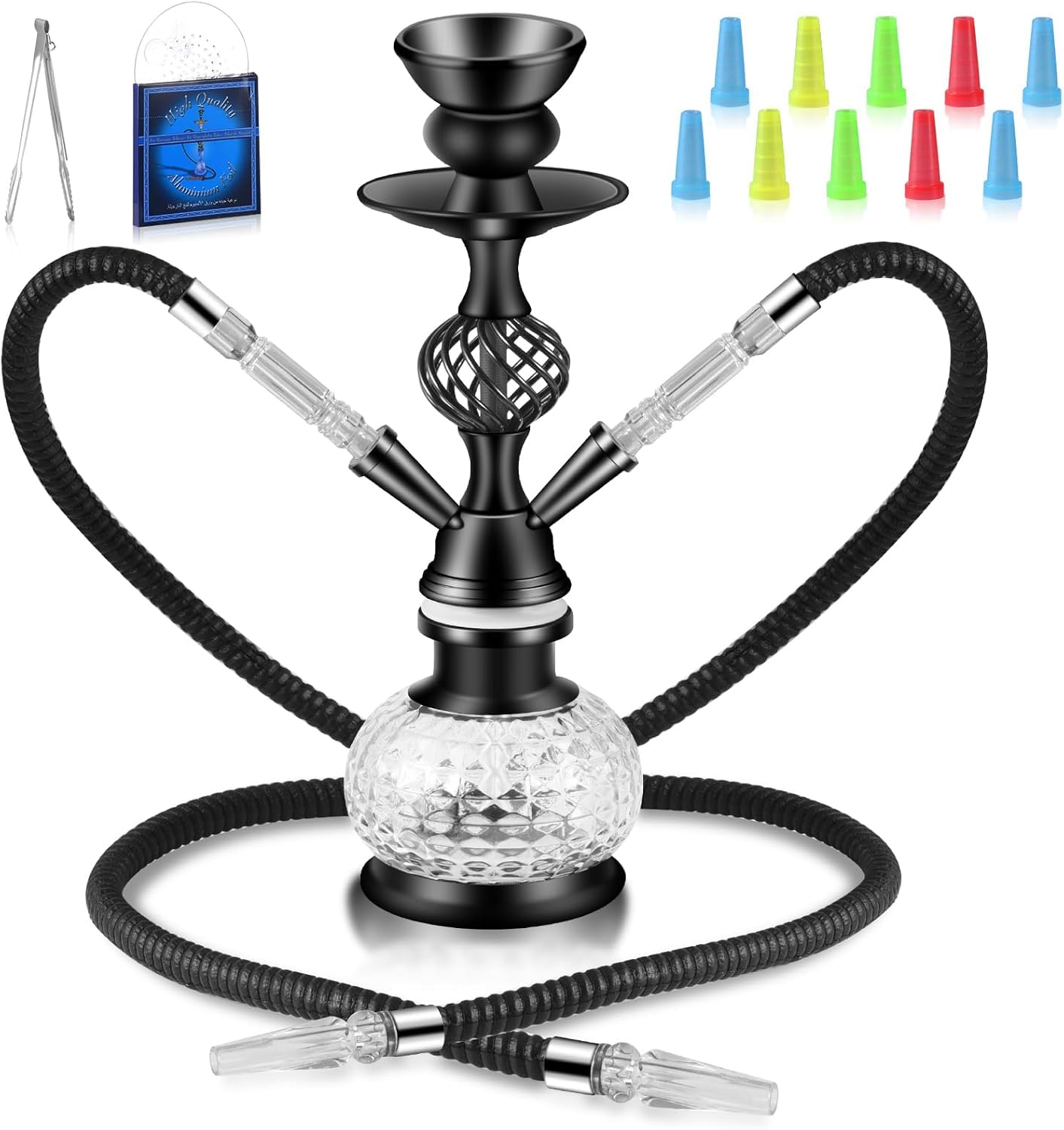 Shisha Wasserpfeife Set, 12 Zoll, Schwarz, mit 2 Schläuchen, Kristallglas-Vase, 50 Folien, 20 Mundstücken und Zange