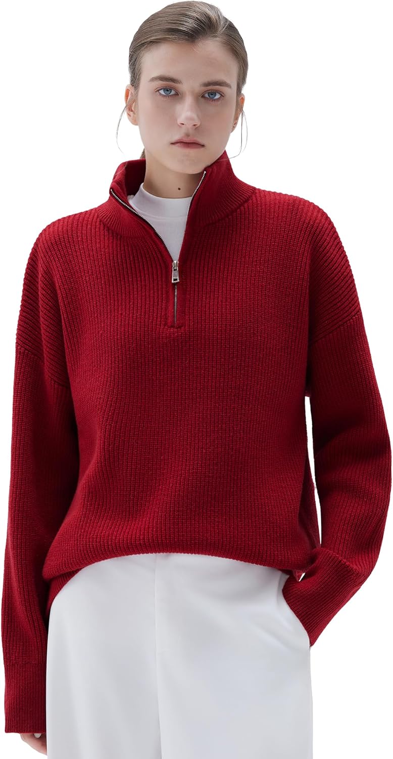 SUUKSESS Women Cashmere Blend Oversized Quarter Zip Pullover Sweater Long Sleeve Collared Ribbed Knit Jumper Tops
