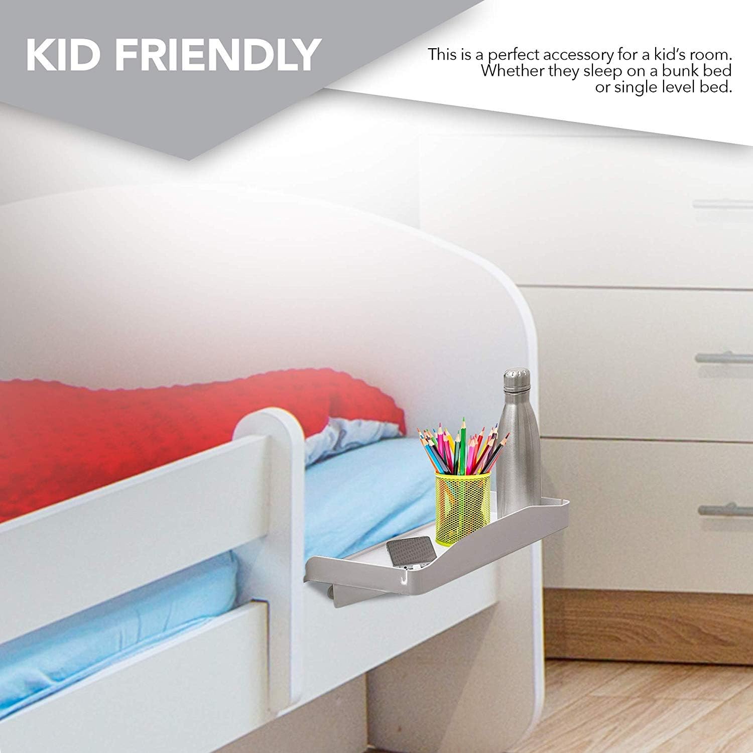 Modern Innovations Bedside Shelf for Bed, College Dorm Room, Bunk Bed Shelf/Caddy for Top Bunk, Clip On Nightstand Tray with Cord and Cup Holder for Table Storage (White) - Image 8