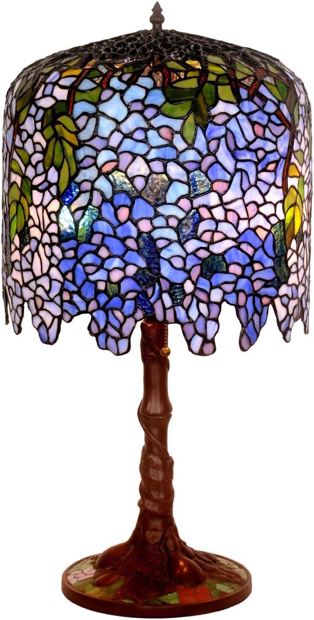 HT Tiffany Style Decor Table Lamp 14 Inch Wide Wisteria Design Stained Glass Shade 3-Lights Iron Mosaic Antique Base Traditional Handmade Lighting for Dining Room Living Room Bedroom Study Dresser