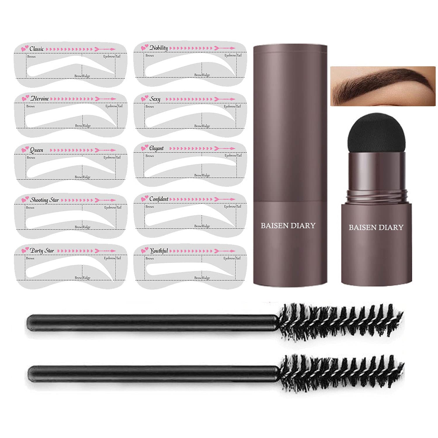 Adjustable Eyebrow Stamp and 10 Styles Stencil Kit – Eyebrow Pomade Stamp Shaping Kit Eyebrow Definer with Eyebrow Pen Brush and Eyebrow Trimmer Buildable Brow Stencil Makeup Tools (Dark Brown)