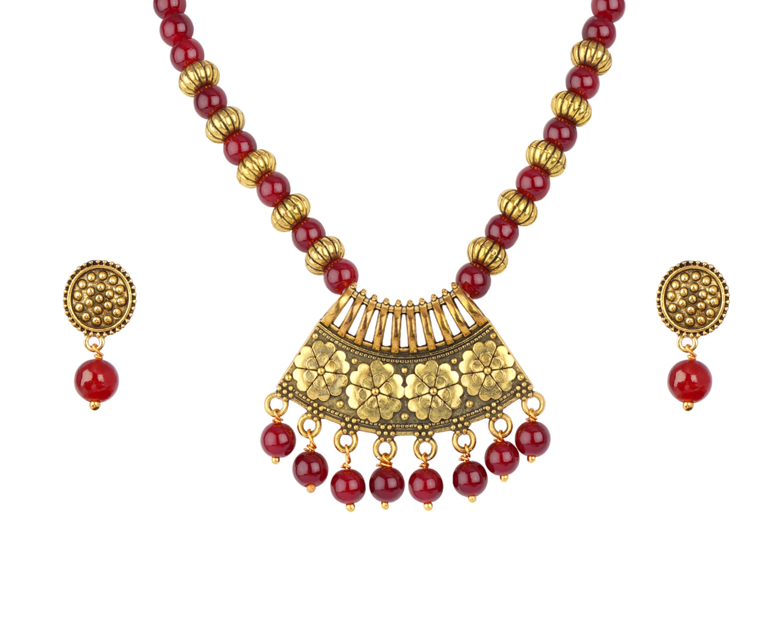 JFLJewellery for Less Stylish Gold Plated Antique Semi-Circle Pendant Beaded Tribal Necklace Set for Women and Girls.